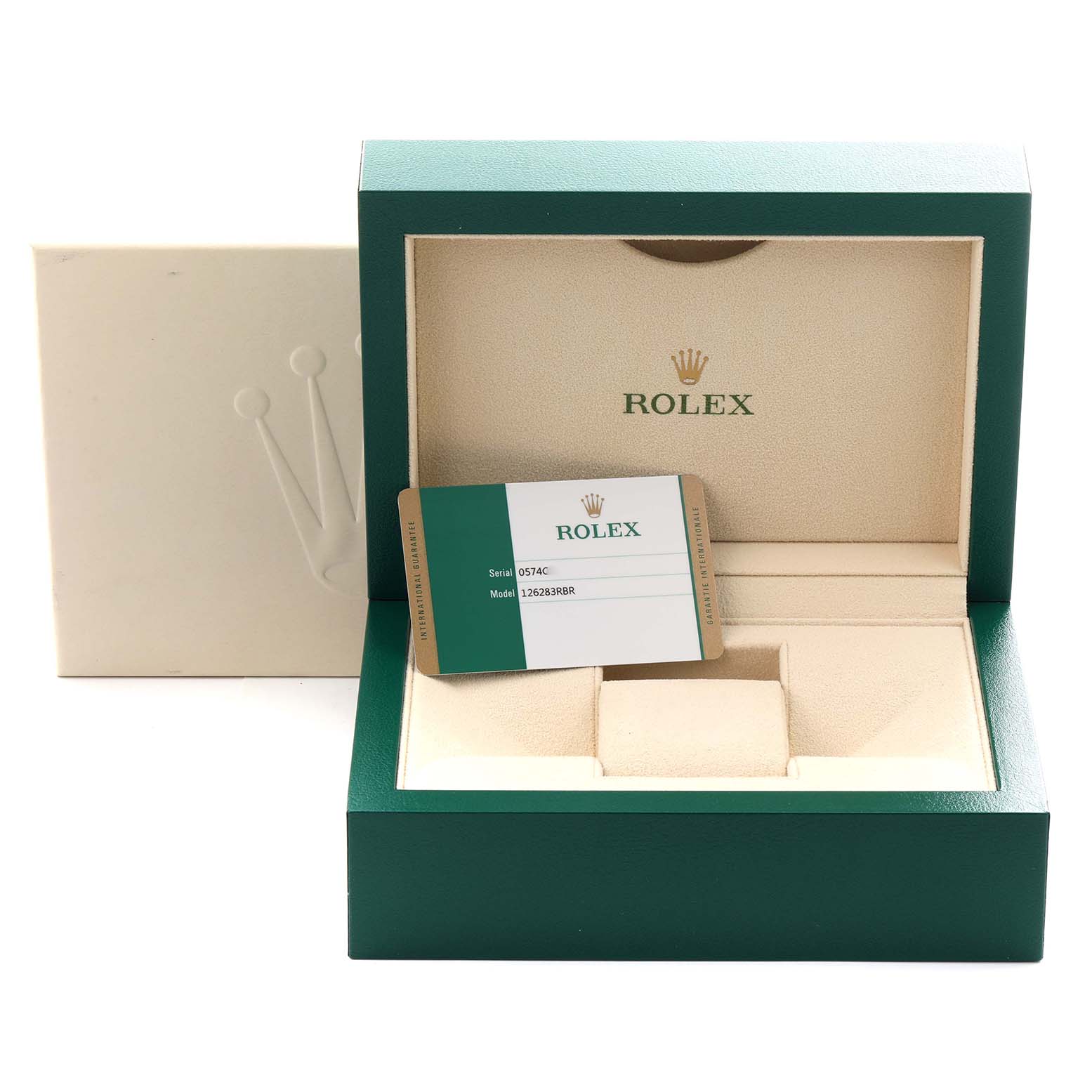The image shows a Rolex Datejust 126283RBR Men's Steel and Gold (two tone) Champagne Dial 126283RBR Men's Steel and Gold (two tone) Champagne Dial watch box with the warranty card displayed, viewed from the front.