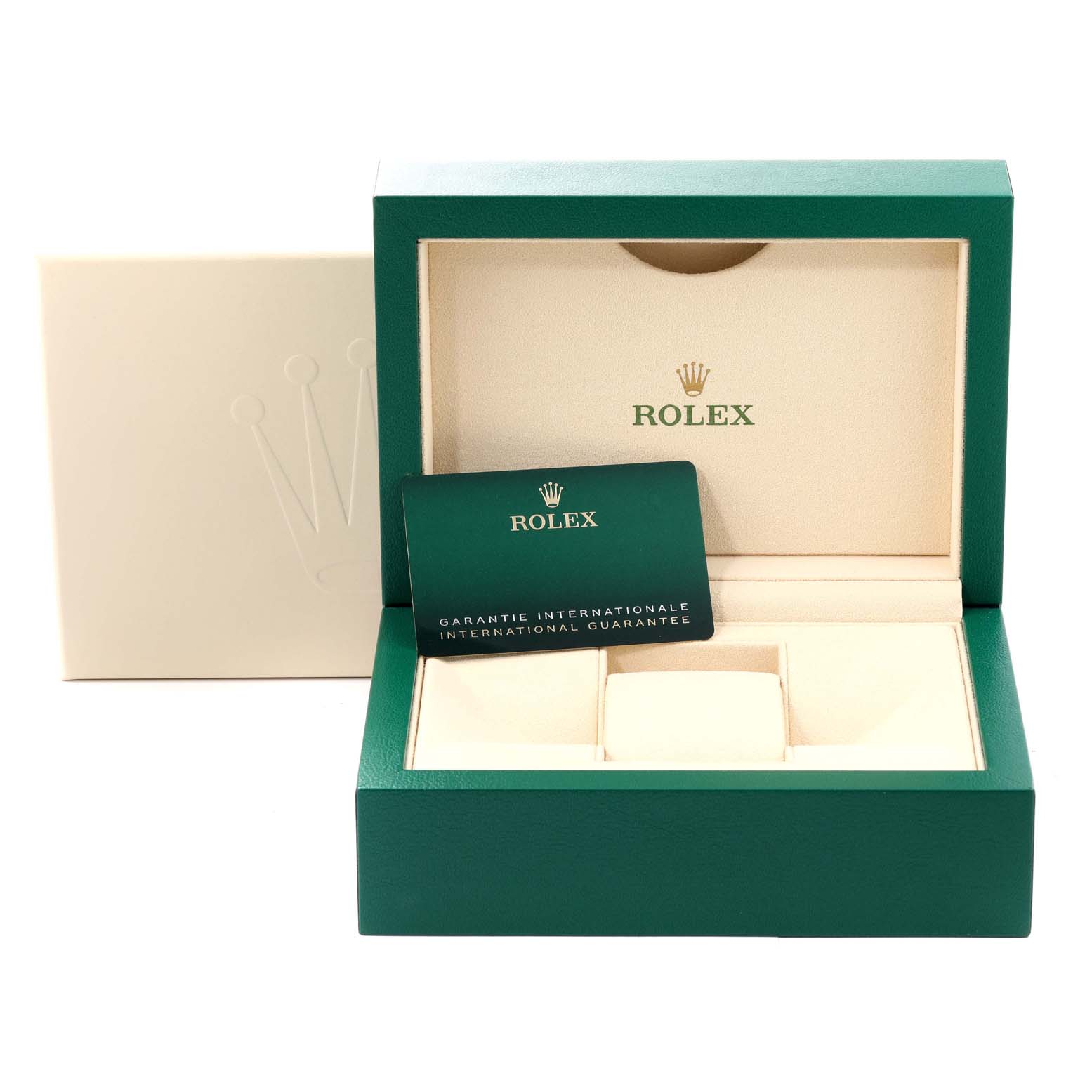 The image shows the open box and international guarantee card for the Rolex Datejust 41 126300 Men's Stainless Steel Blue Dial 126300 Men's Stainless Steel Blue Dial model.