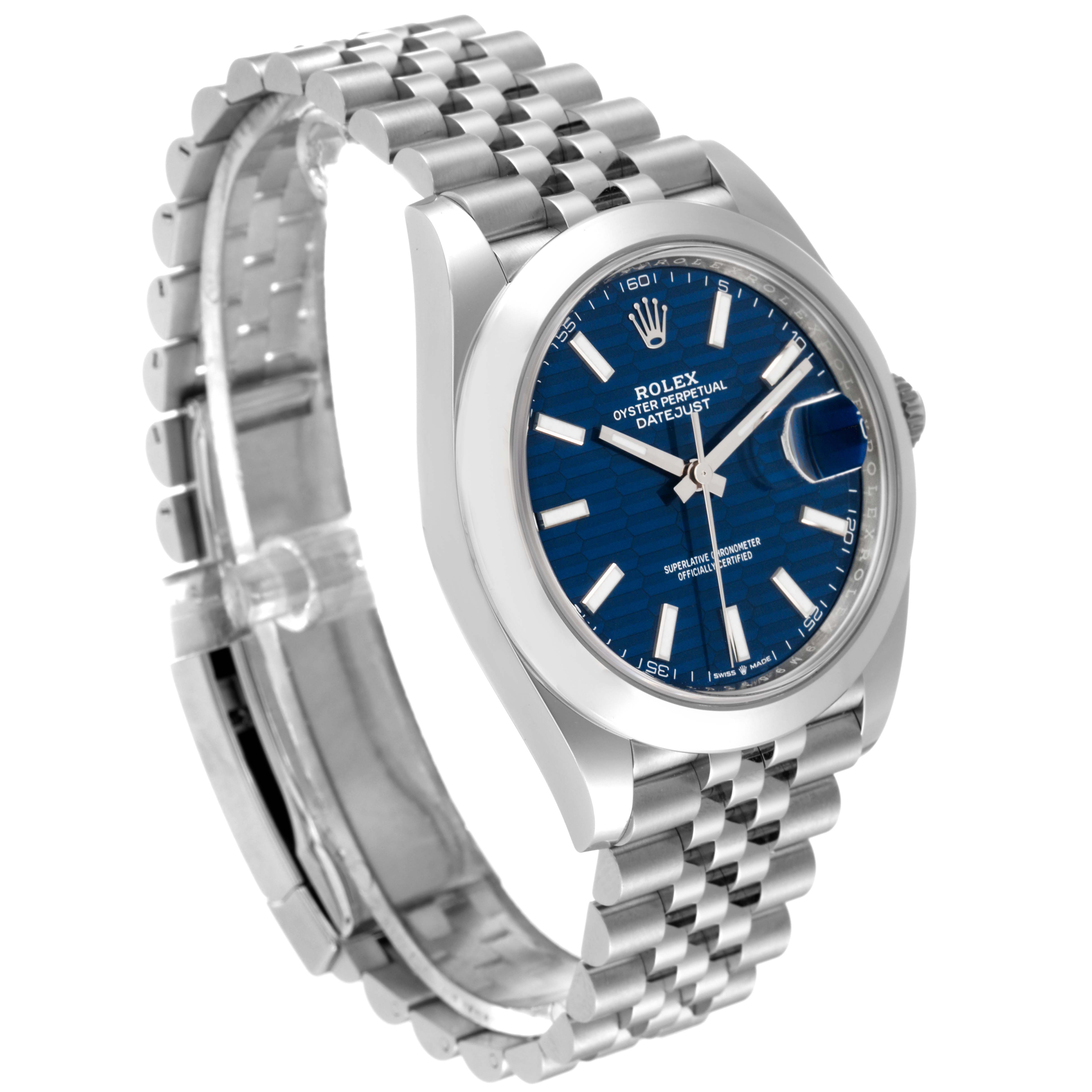 The image shows a side profile of the Rolex Datejust 41 126300 Men's Stainless Steel Blue Dial 126300 Men's Stainless Steel Blue Dial watch, highlighting its blue dial, stainless steel case, and Jubilee bracelet.