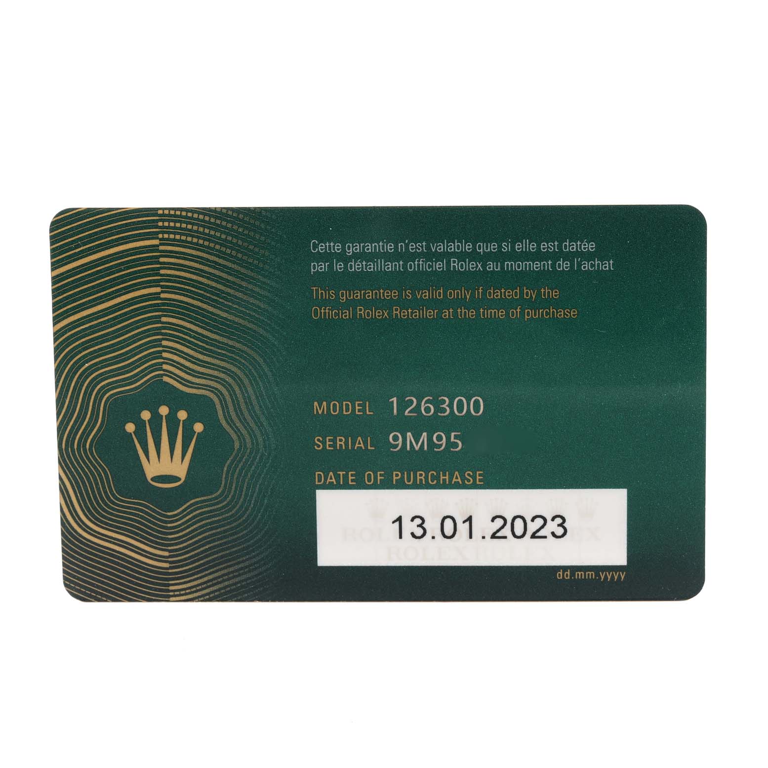 The image shows a warranty card for the Rolex Datejust 41 126300 Men's Stainless Steel Blue Dial 126300 Men's Stainless Steel Blue Dial model 126300, including purchase date and serial number.