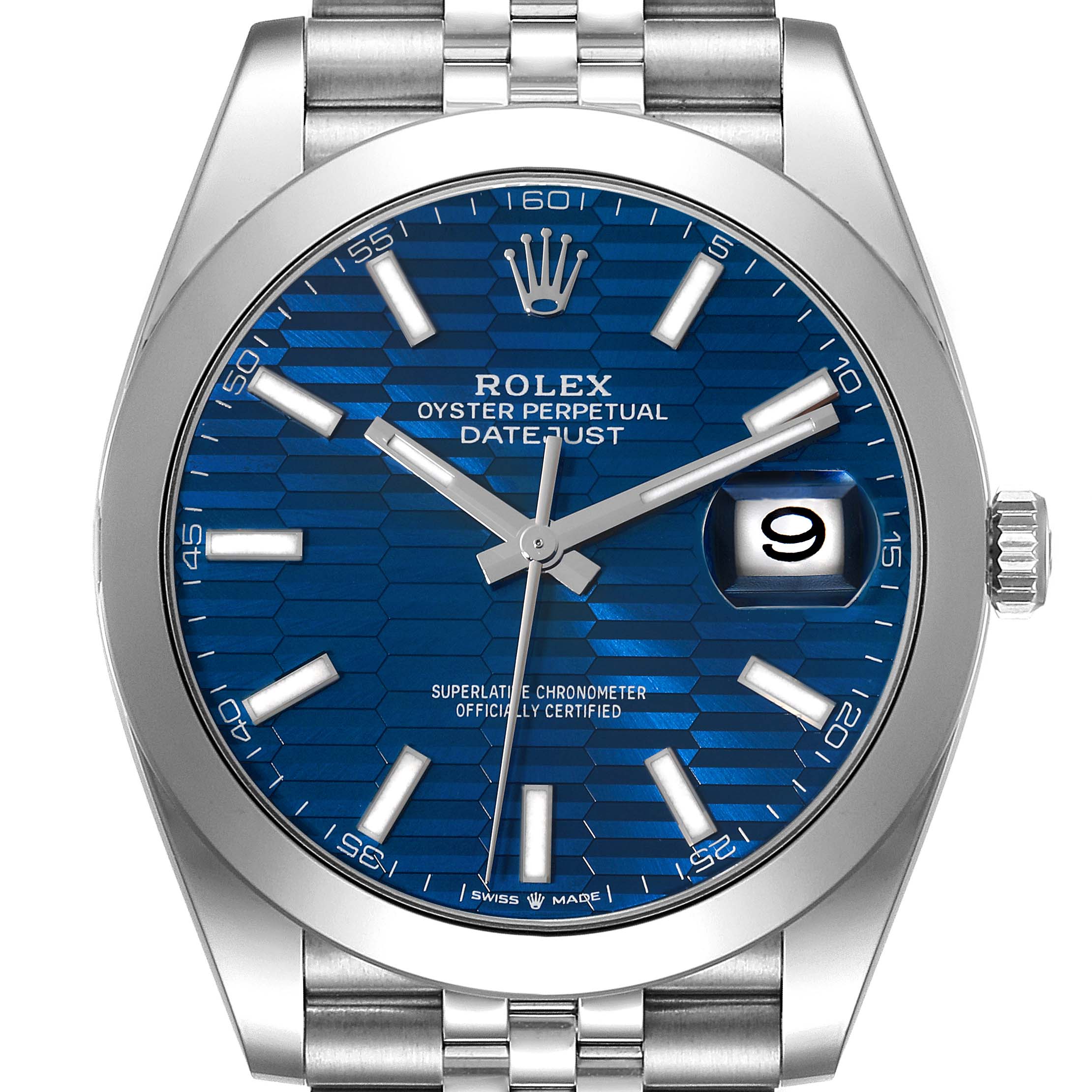The image shows a front view of the Rolex Datejust 41 126300 Men's Stainless Steel Blue Dial 126300 Men's Stainless Steel Blue Dial watch, highlighting the dial, bezel, and bracelet.