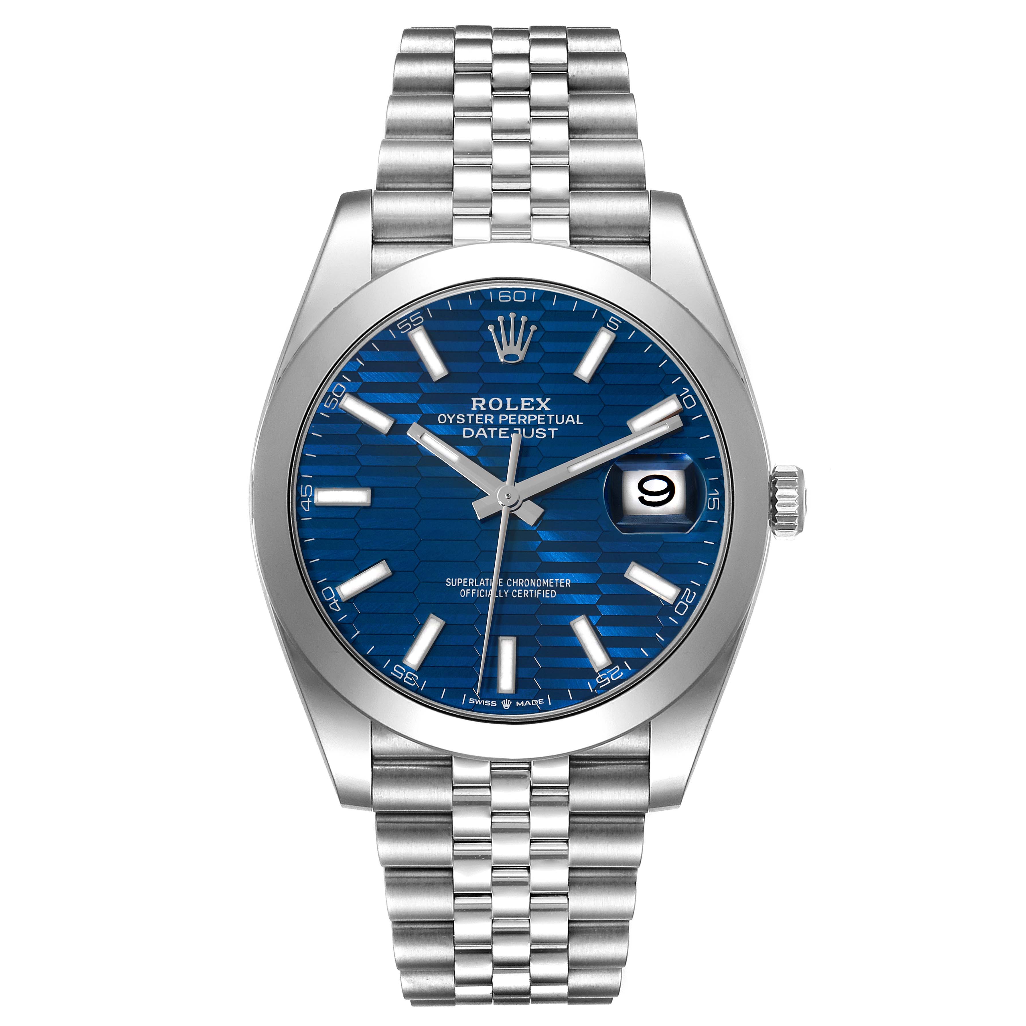 The image shows a front view of a Rolex Datejust 41 126300 Men's Stainless Steel Blue Dial 126300 Men's Stainless Steel Blue Dial watch with a blue dial and Jubilee bracelet.