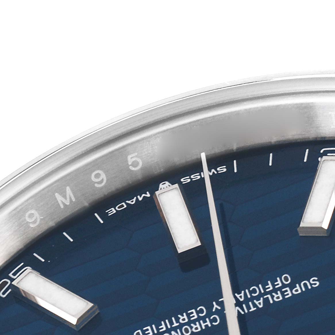 The image shows a close-up of the dial and bezel of the Rolex Datejust 41 126300 Men's Stainless Steel Blue Dial 126300 Men's Stainless Steel Blue Dial watch.