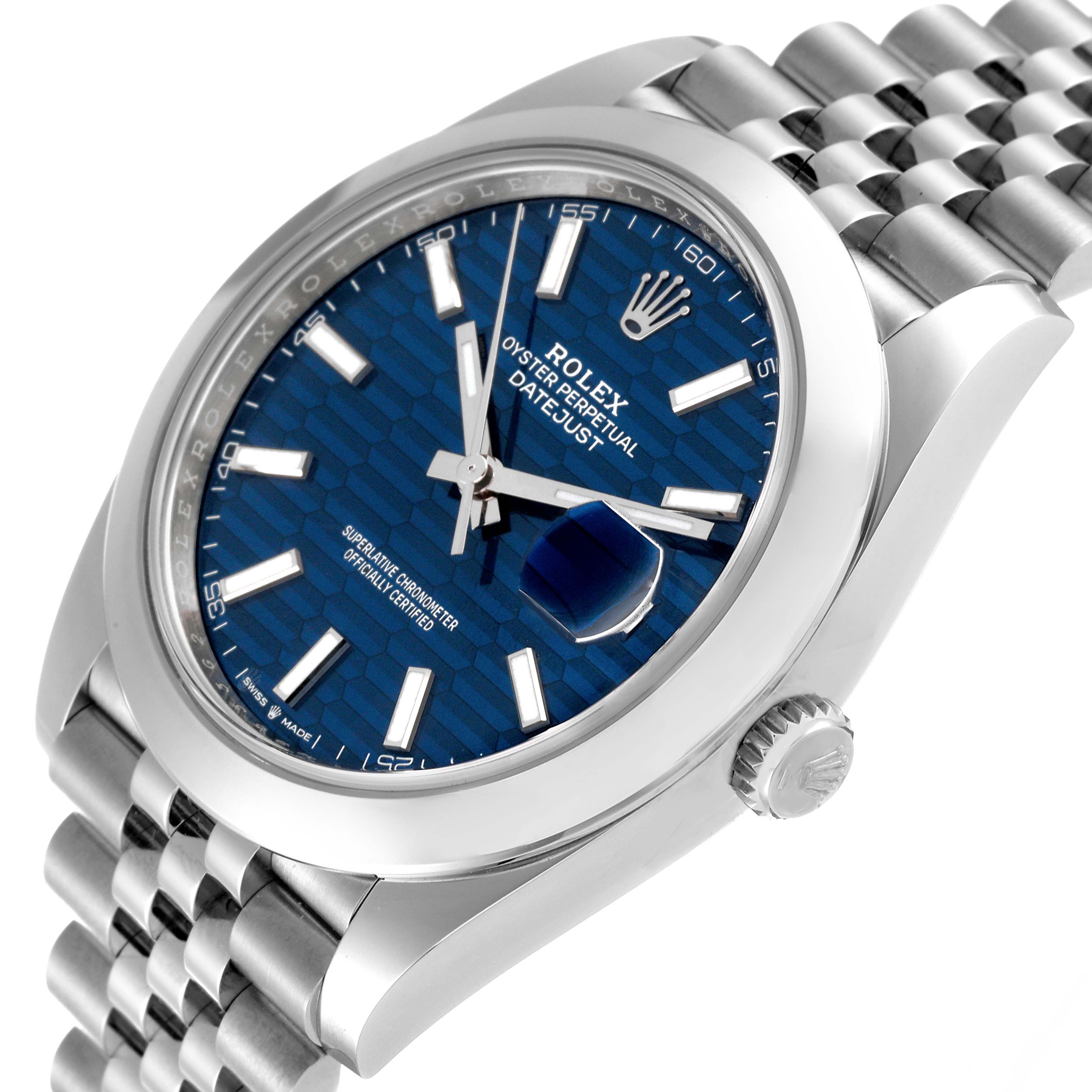 This Rolex Datejust 41 126300 Men's Stainless Steel Blue Dial 126300 Men's Stainless Steel Blue Dial watch is shown at a three-quarter angle, highlighting its blue dial, jubilee bracelet, and cyclops lens over the date.