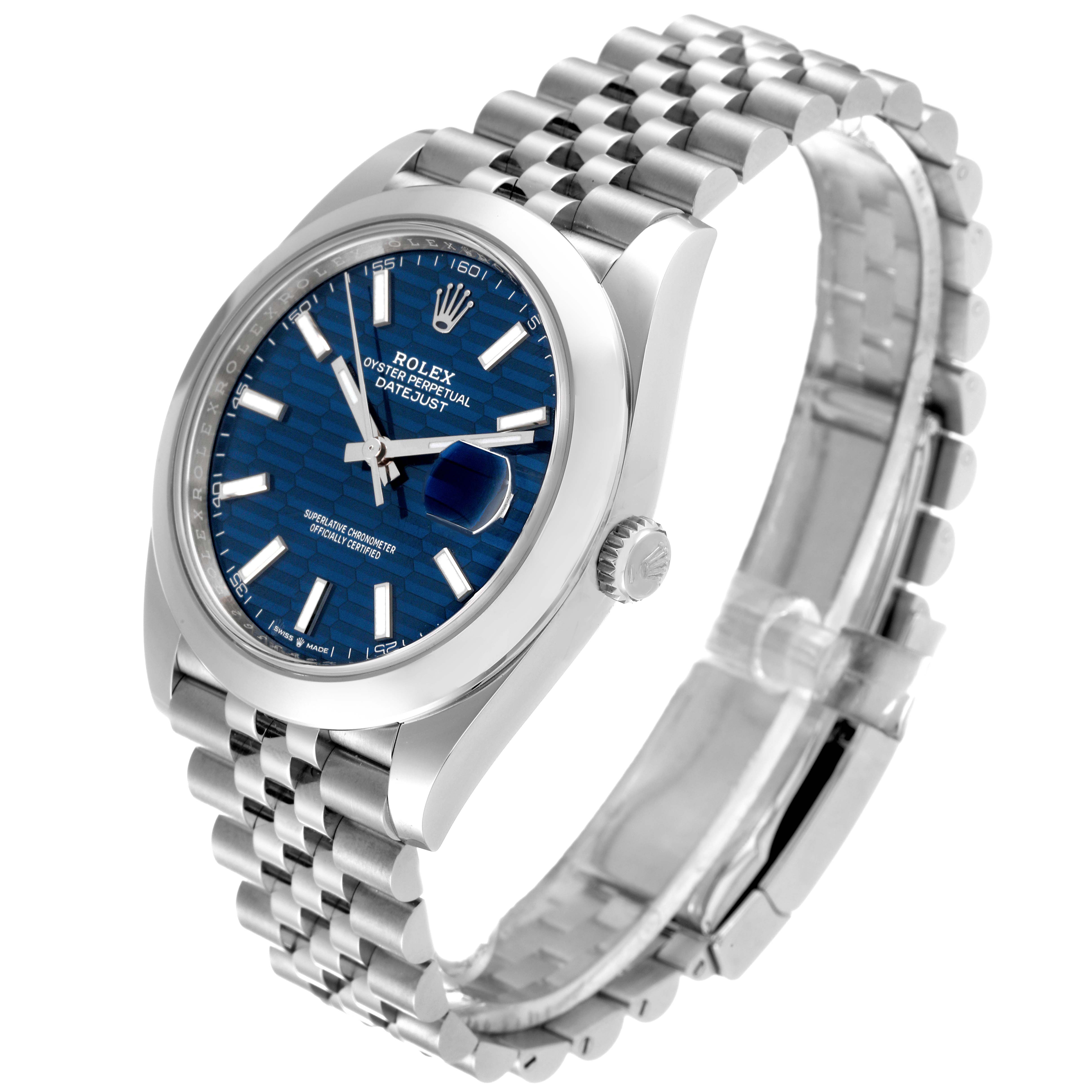 The image shows a Rolex Datejust 41 126300 Men's Stainless Steel Blue Dial 126300 Men's Stainless Steel Blue Dial watch at an angled view, highlighting the face, bezel, crown, and bracelet.