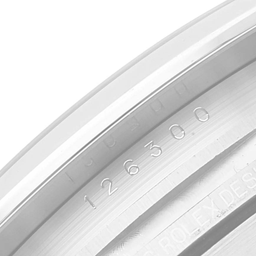 This image shows a close-up angle of the inner bezel with engraved model number "126300" on a Rolex Datejust 41 126300 Men
s Stainless Steel Green Dial 126300 Men
s Stainless Steel Green Dial watch.