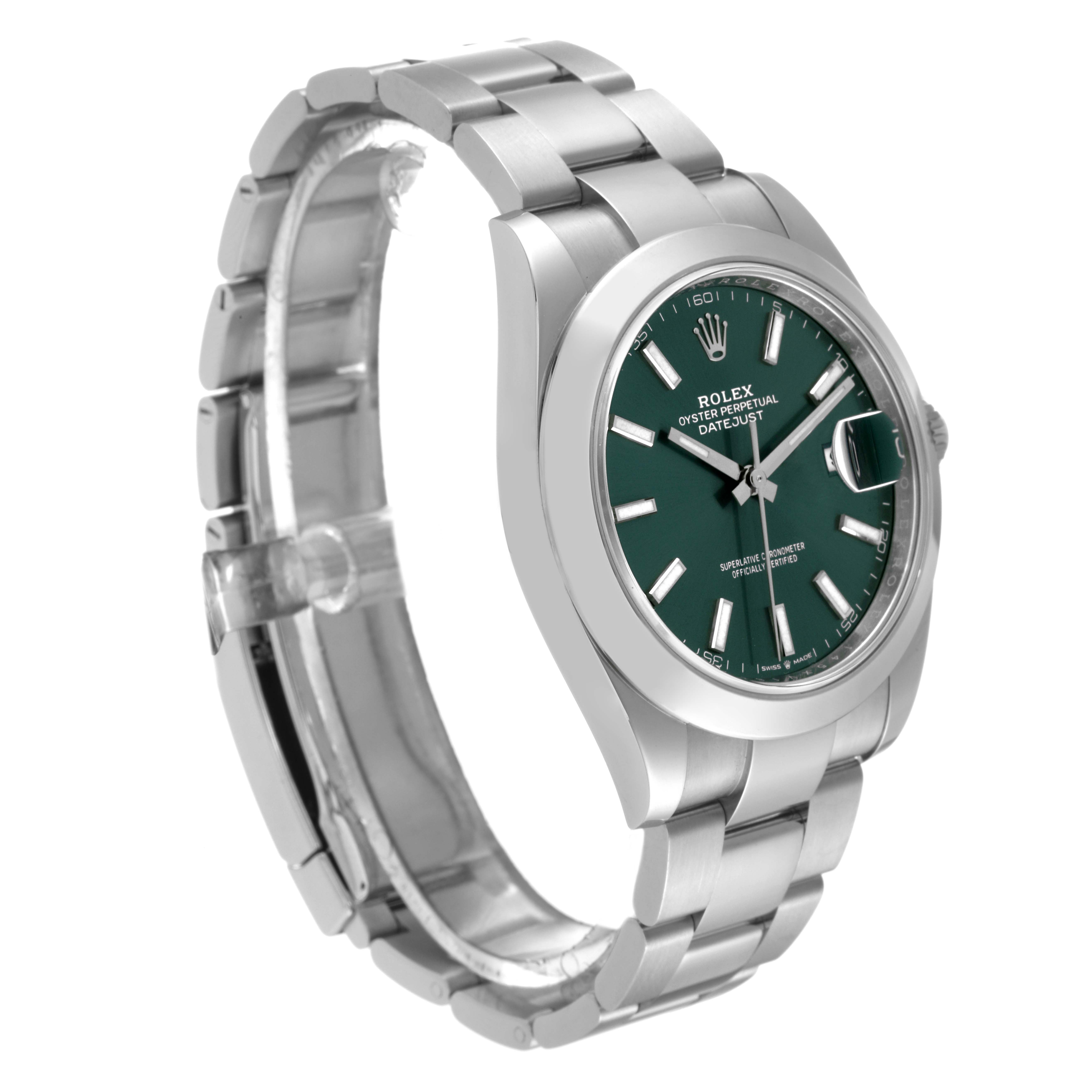 This image shows a side and angled view of a Rolex Datejust 41 126300 Men
s Stainless Steel Green Dial 126300 Men
s Stainless Steel Green Dial watch, highlighting its green dial and stainless steel band.