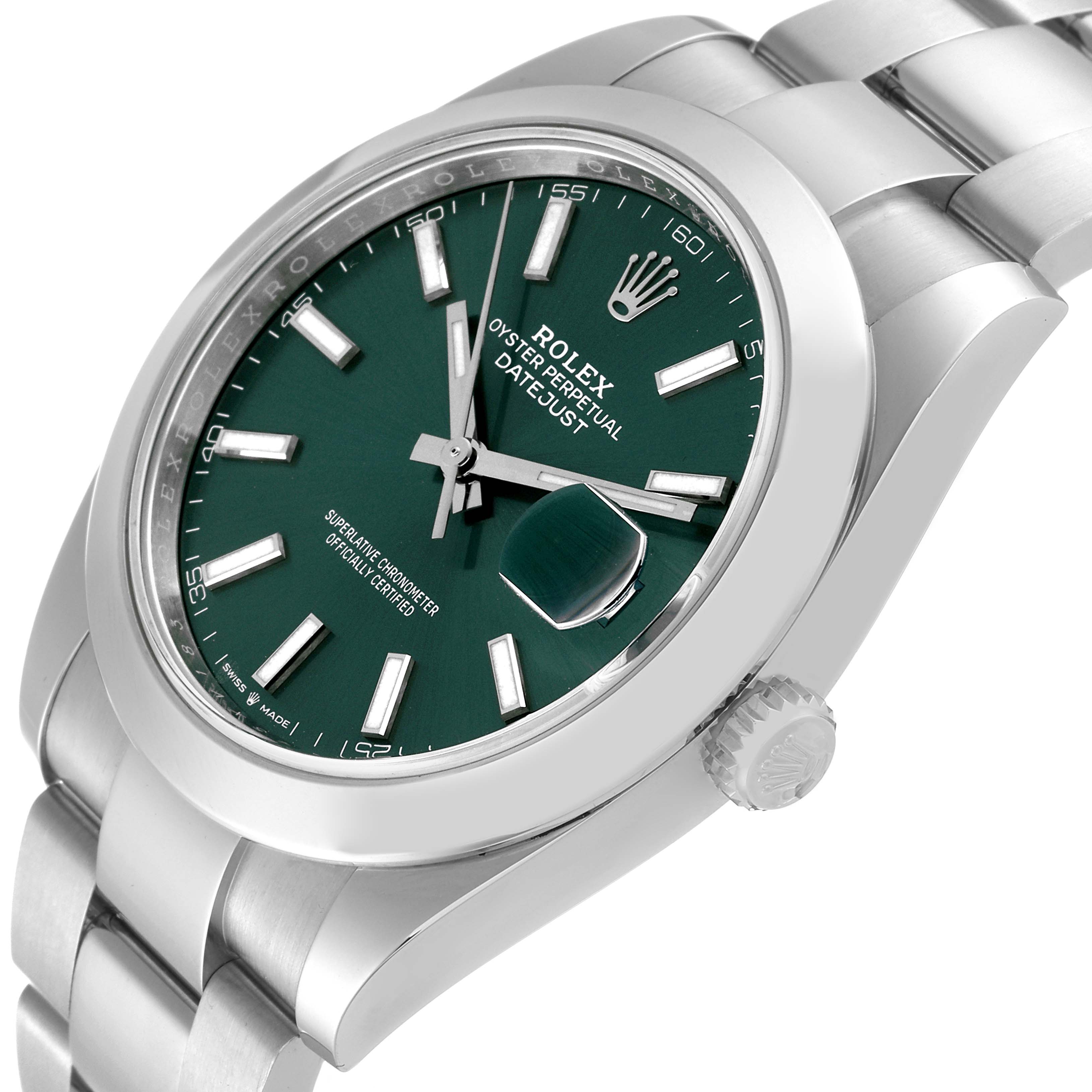 The image shows a close-up angle of a Rolex Datejust 41 126300 Men
s Stainless Steel Green Dial 126300 Men
s Stainless Steel Green Dial watch focusing on the green dial, bezel, crown, and part of the bracelet.