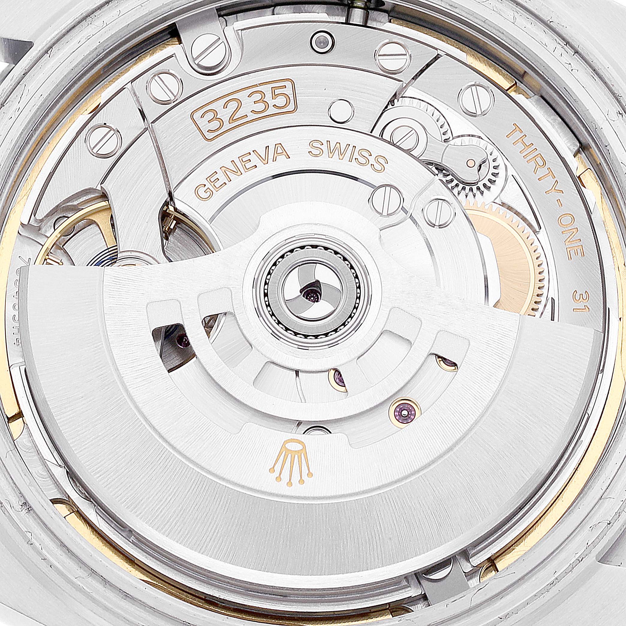 This is a close-up view of the movement mechanism inside the Rolex Datejust 41 126300 Men
s Stainless Steel Green Dial 126300 Men
s Stainless Steel Green Dial watch, showcasing its intricate components.
