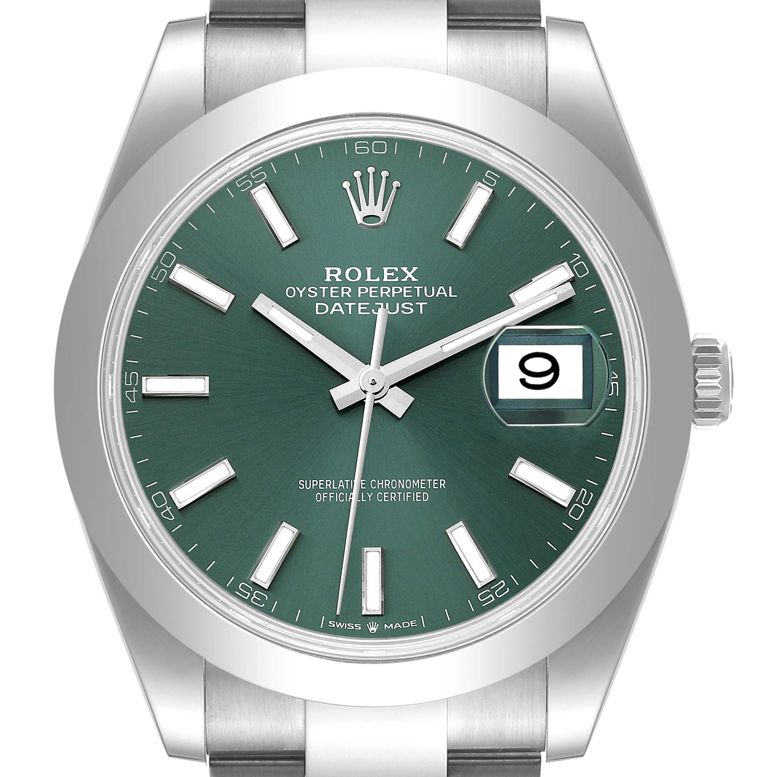 The image shows a Rolex Datejust 41 126300 Men
s Stainless Steel Green Dial 126300 Men
s Stainless Steel Green Dial watch with a green dial, silver hour markers, and the date display at 3 o
clock.