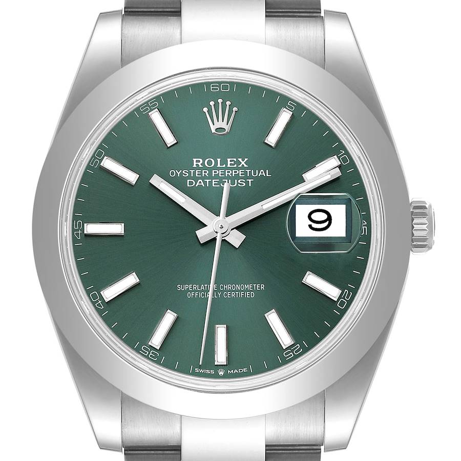 Rolex Datejust 41 Mint Green Dial Smooth Bezel Steel Mens Watch 126300 Box Card SwissWatchExpo