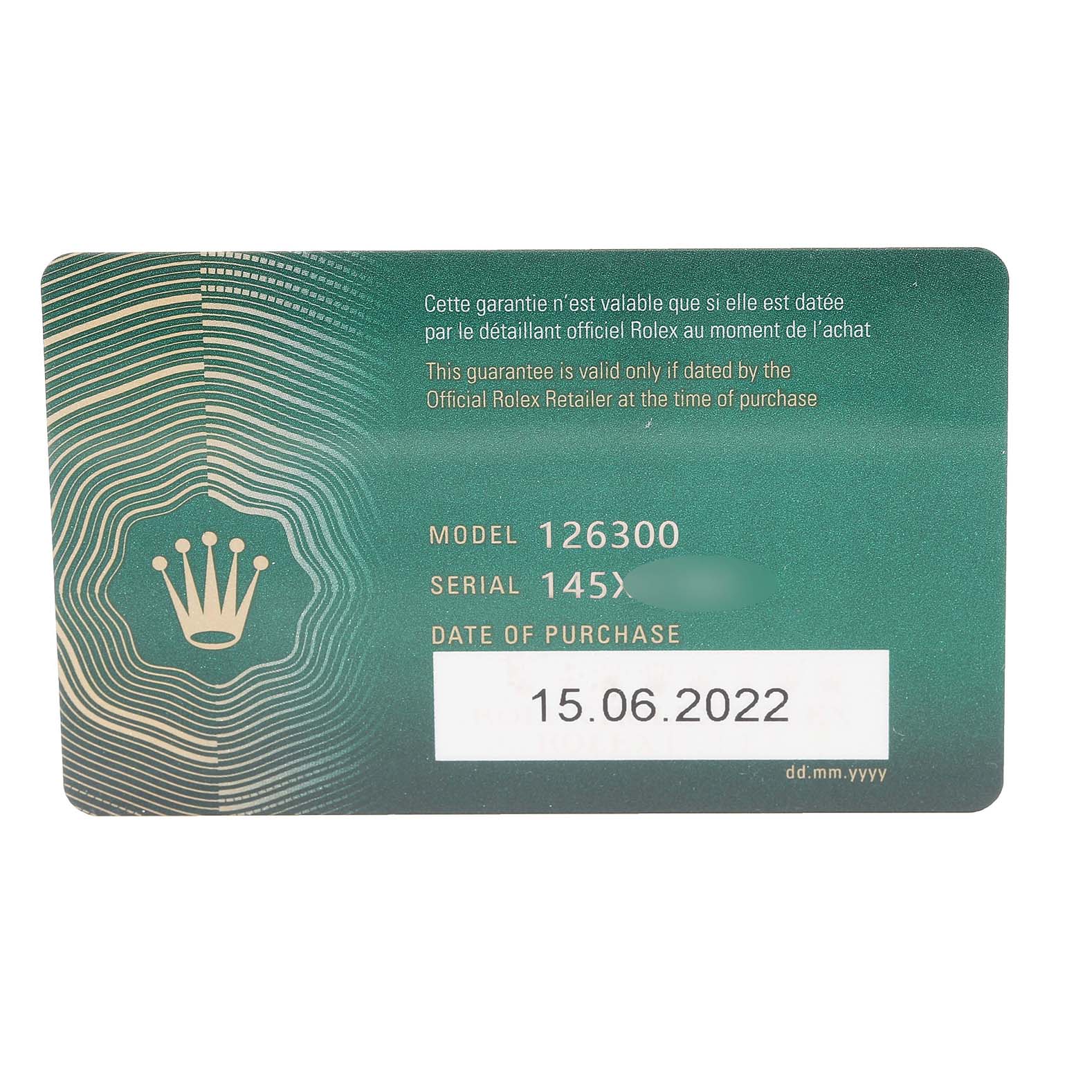 The image shows a warranty card for a Rolex Datejust 41 126300 Men
s Stainless Steel Green Dial 126300 Men
s Stainless Steel Green Dial model 126300 with purchase date 15.06.2022.