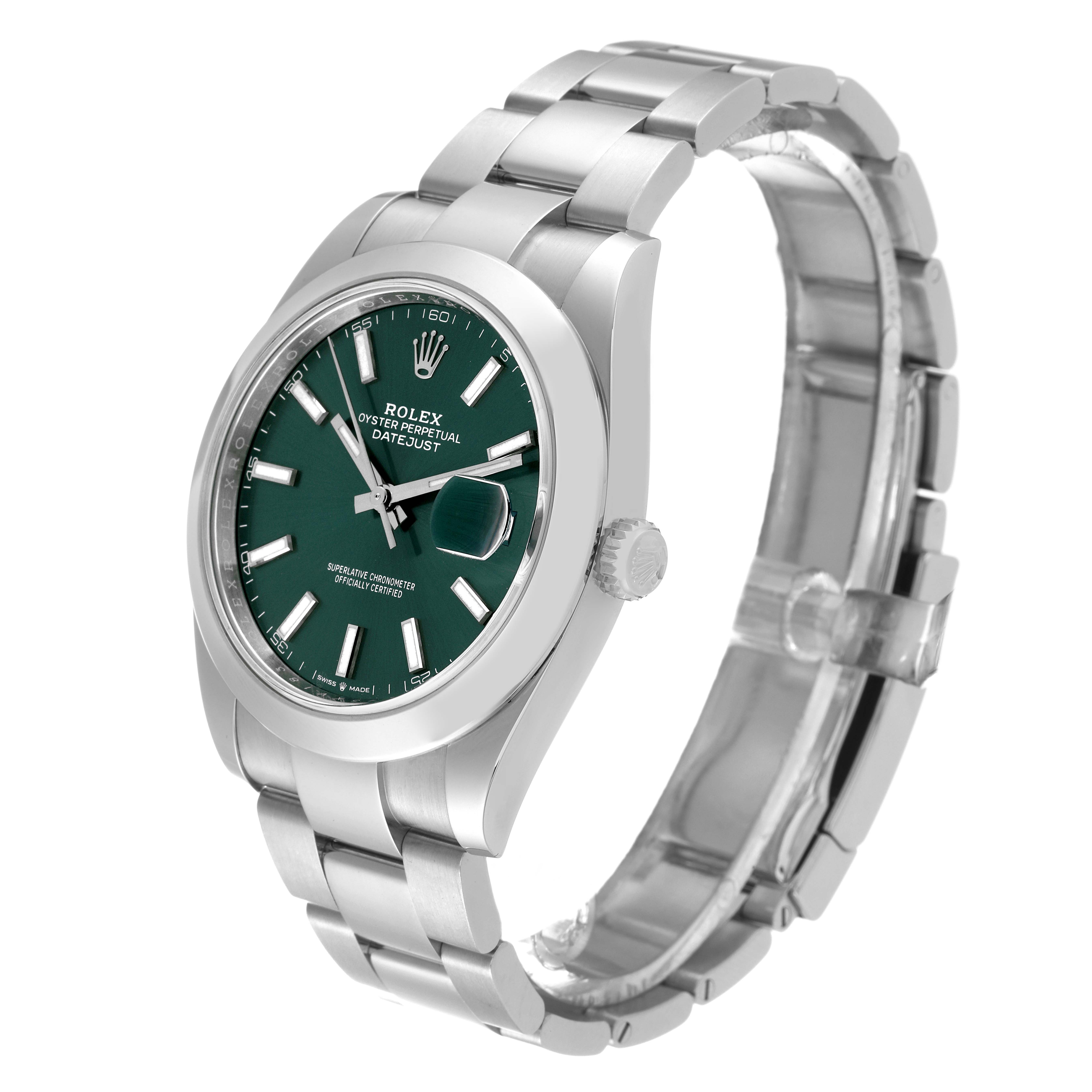The image shows a side-angle view of the Rolex Datejust 41 126300 Men
s Stainless Steel Green Dial 126300 Men
s Stainless Steel Green Dial, highlighting its green dial, watch case, and metal bracelet.
