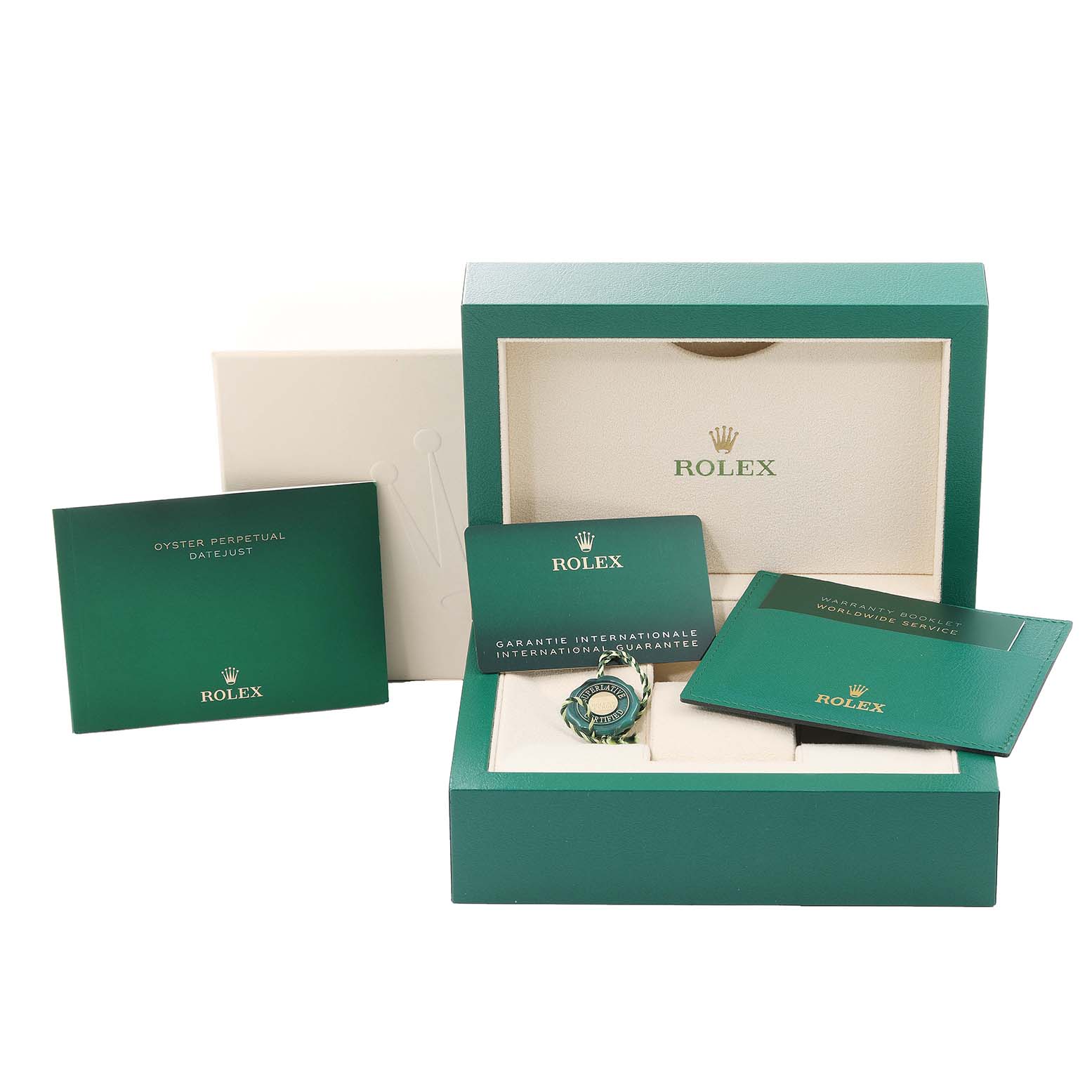 The image shows the Rolex Datejust 41 126300 Men
s Stainless Steel Green Dial 126300 Men
s Stainless Steel Green Dial model accessories including the box, warranties, booklet, and a tag.