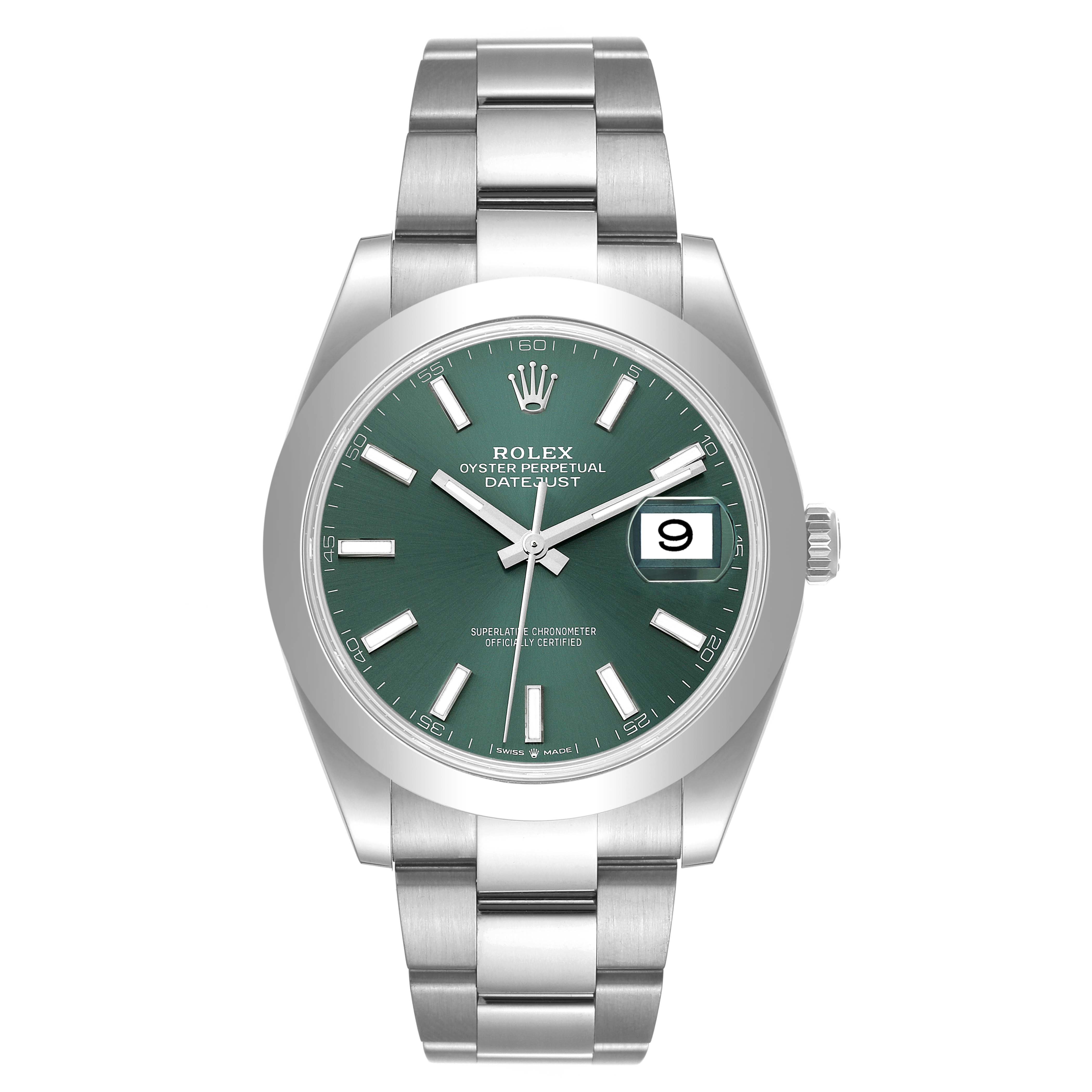 The image shows a Rolex Datejust 41 126300 Men
s Stainless Steel Green Dial 126300 Men
s Stainless Steel Green Dial model from a front angle, highlighting its green dial and date display.
