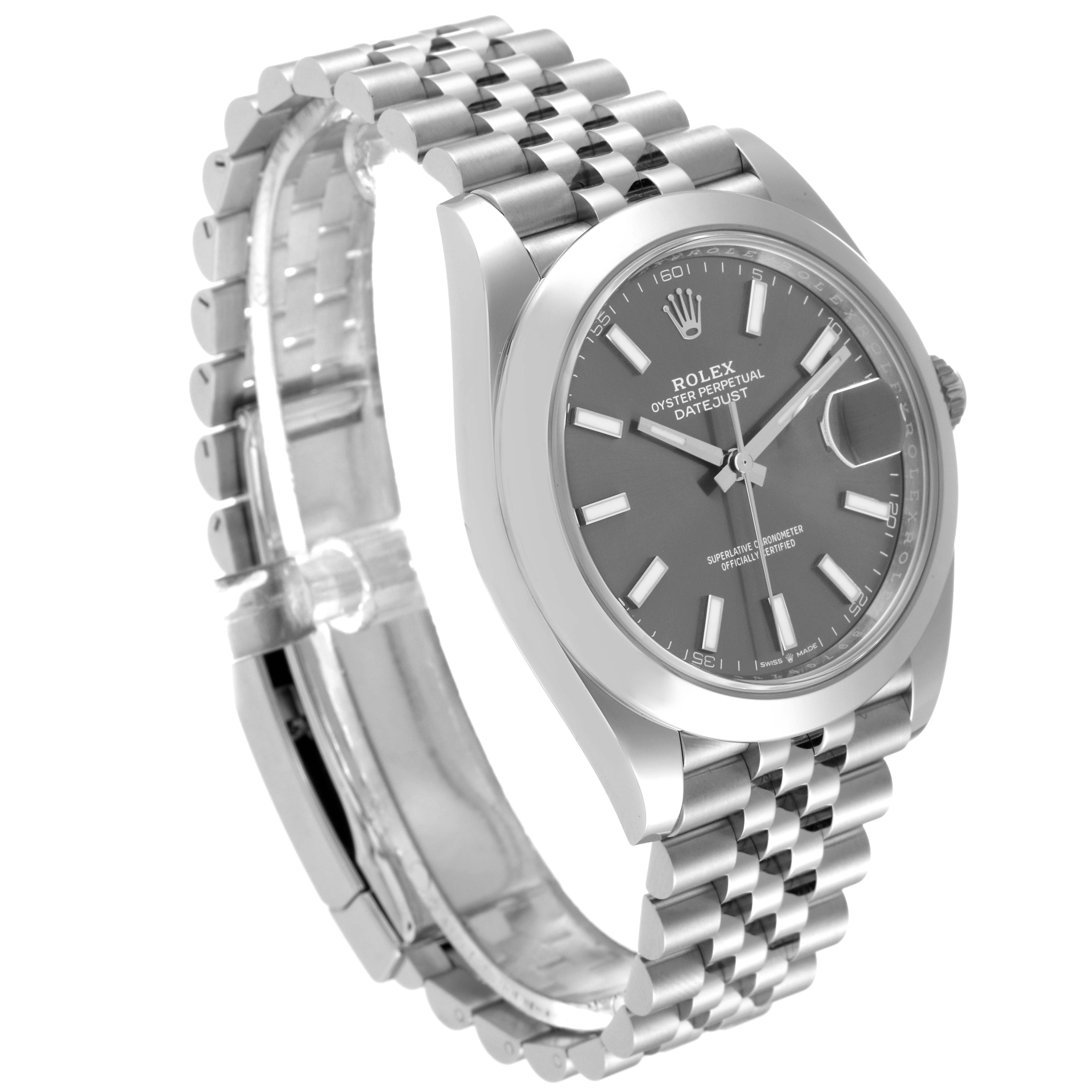 The image shows a side angle view of the Rolex Datejust 41 126300 Men
s Stainless Steel Grey Dial 126300 Men
s Stainless Steel Grey Dial watch, showcasing its dial, case, and bracelet.