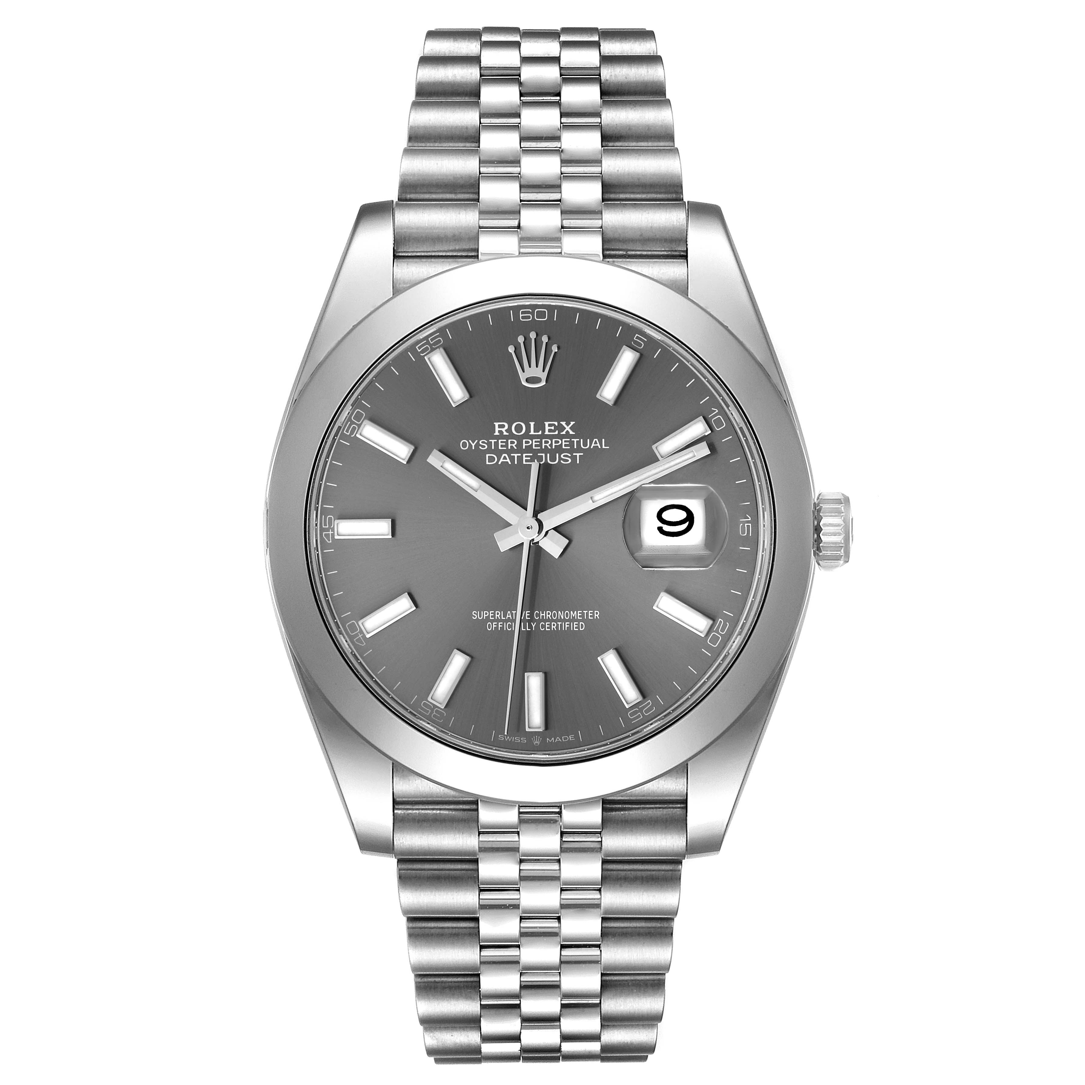 The image shows a front view of the Rolex Datejust 41 126300 Men
s Stainless Steel Grey Dial 126300 Men
s Stainless Steel Grey Dial model, featuring its dial, bezel, and bracelet.