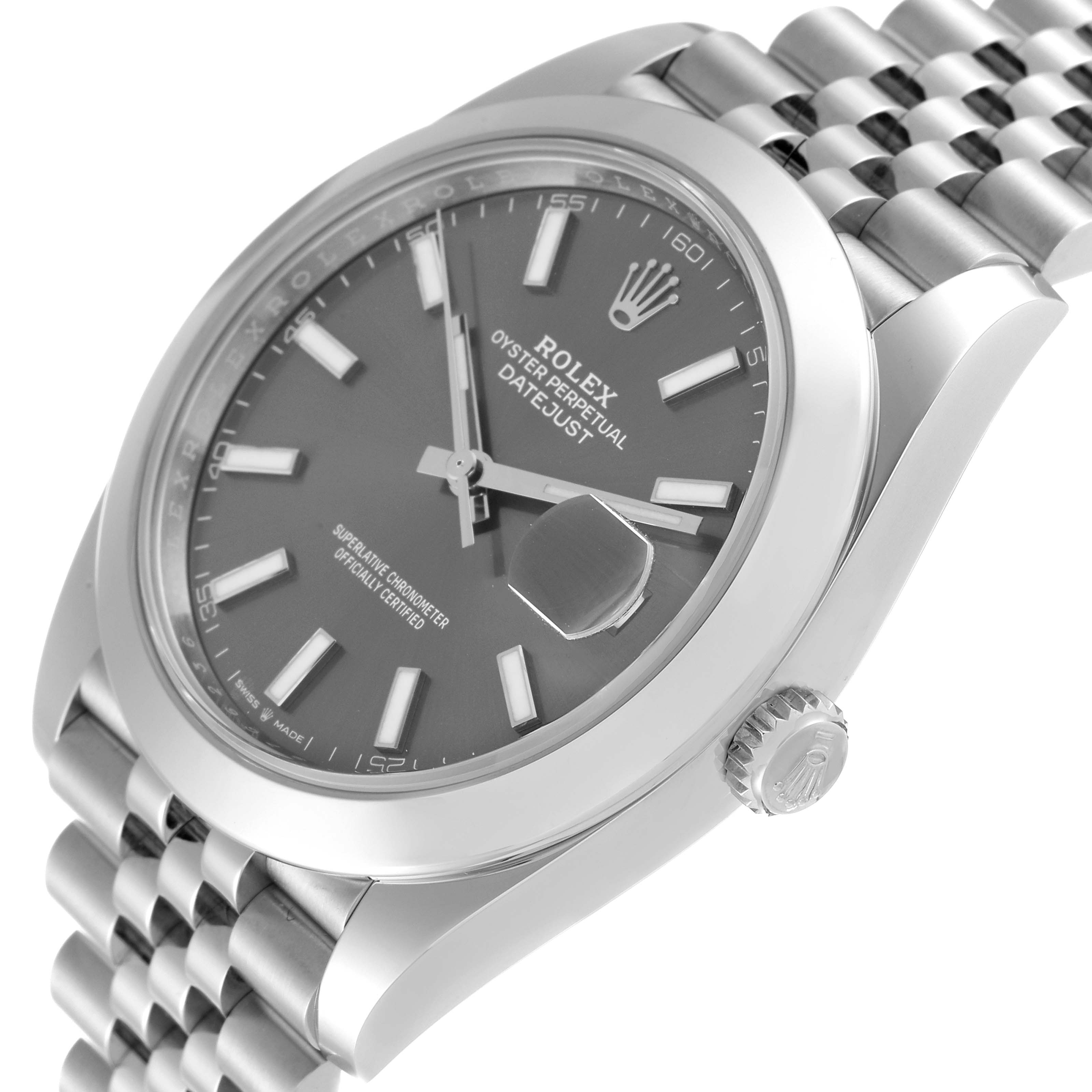 This image shows the Rolex Datejust 41 126300 Men
s Stainless Steel Grey Dial 126300 Men
s Stainless Steel Grey Dial watch at an angle, highlighting the dial, case, crown, and part of the bracelet.