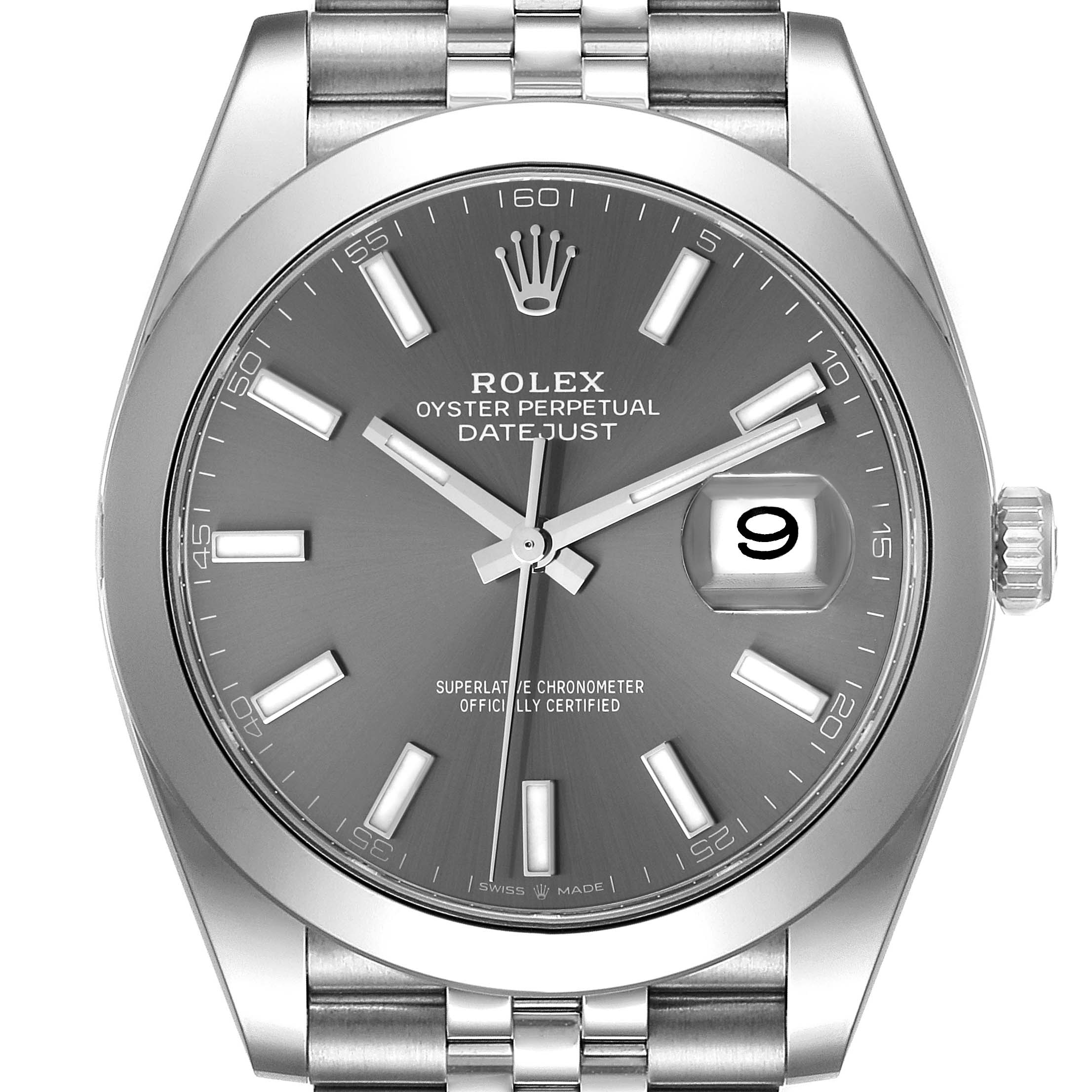 The image shows a front view of the Rolex Datejust 41 126300 Men
s Stainless Steel Grey Dial 126300 Men
s Stainless Steel Grey Dial watch, highlighting the dial, bezel, and bracelet.