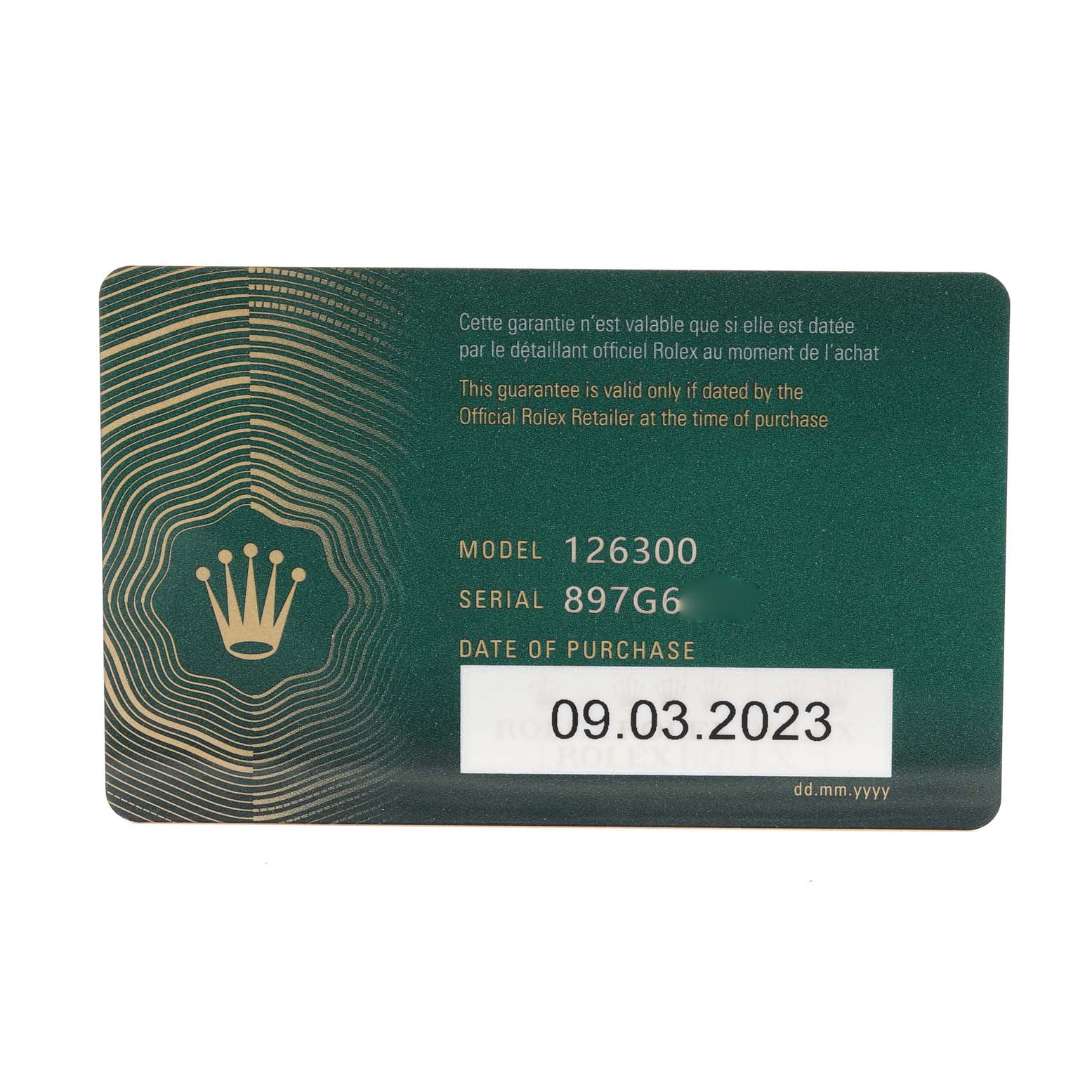 This is the guarantee card for a Rolex Datejust 41 126300 Men
s Stainless Steel Grey Dial 126300 Men
s Stainless Steel Grey Dial model, displaying the model number, serial number, and purchase date.