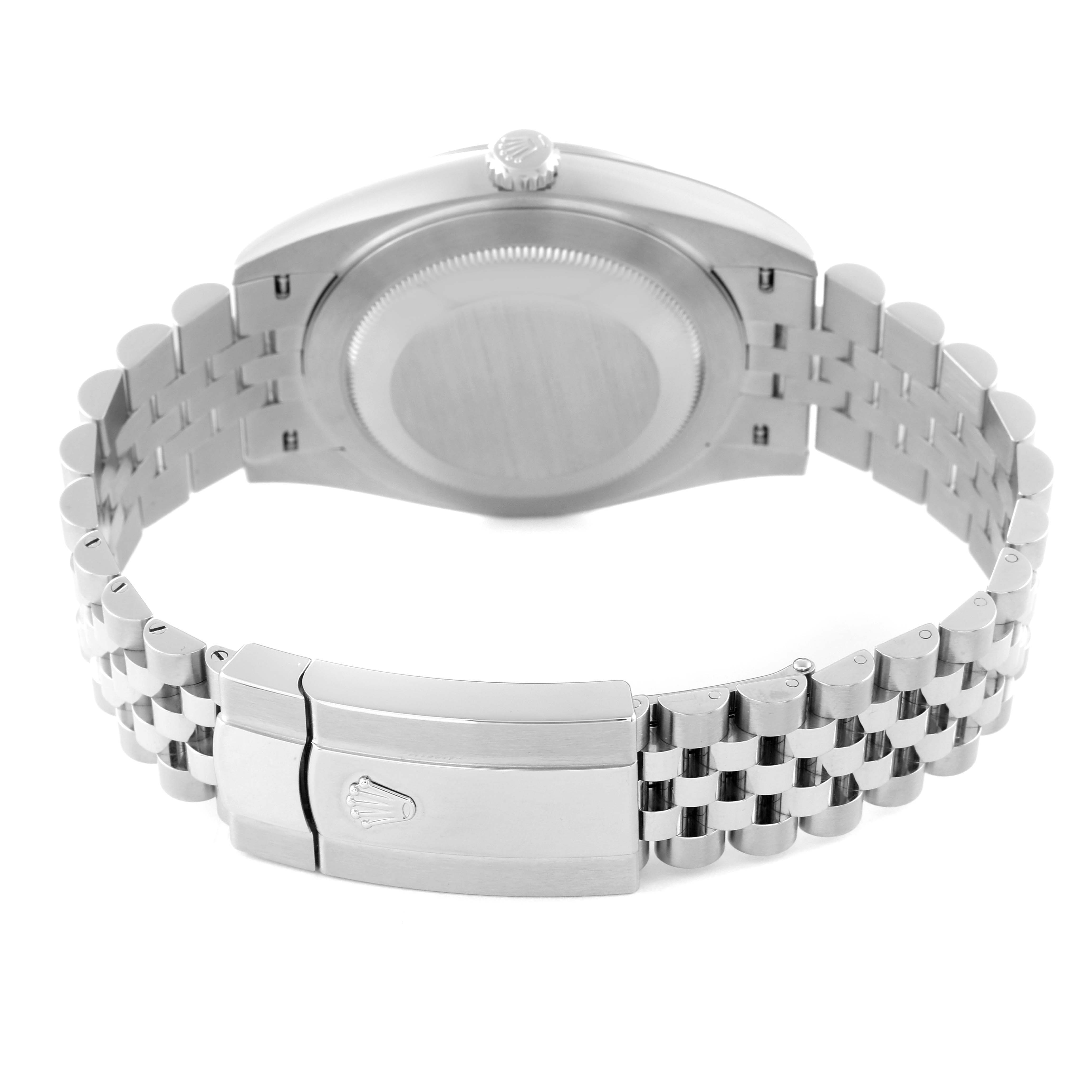 This image shows the back of the Rolex Datejust 41 126300 Men
s Stainless Steel Grey Dial 126300 Men
s Stainless Steel Grey Dial watch, focusing on the case back and the clasp of the bracelet.