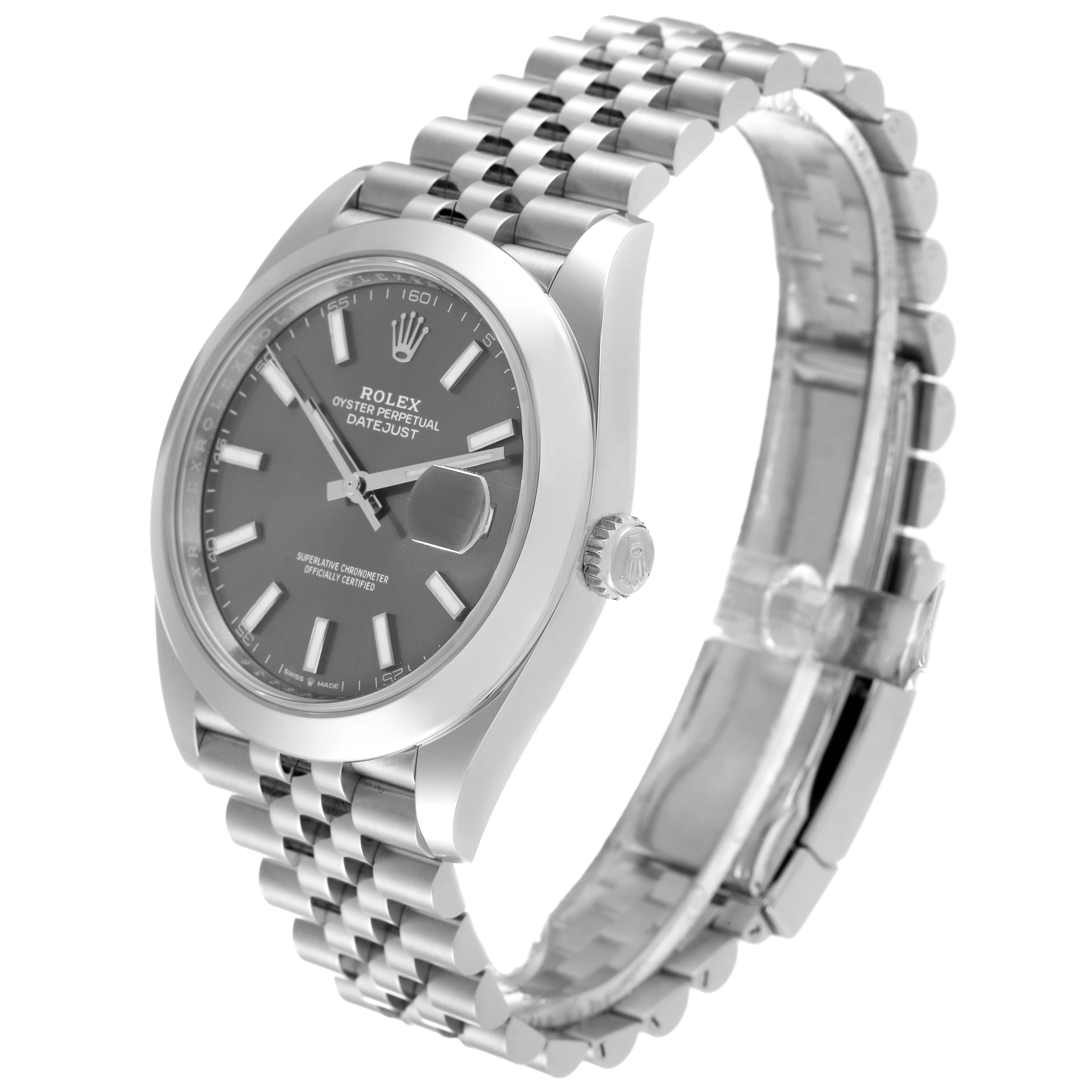 This image shows a side angle view of the Rolex Datejust 41 126300 Men
s Stainless Steel Grey Dial 126300 Men
s Stainless Steel Grey Dial, highlighting its dial, bezel, crown, and Jubilee bracelet.