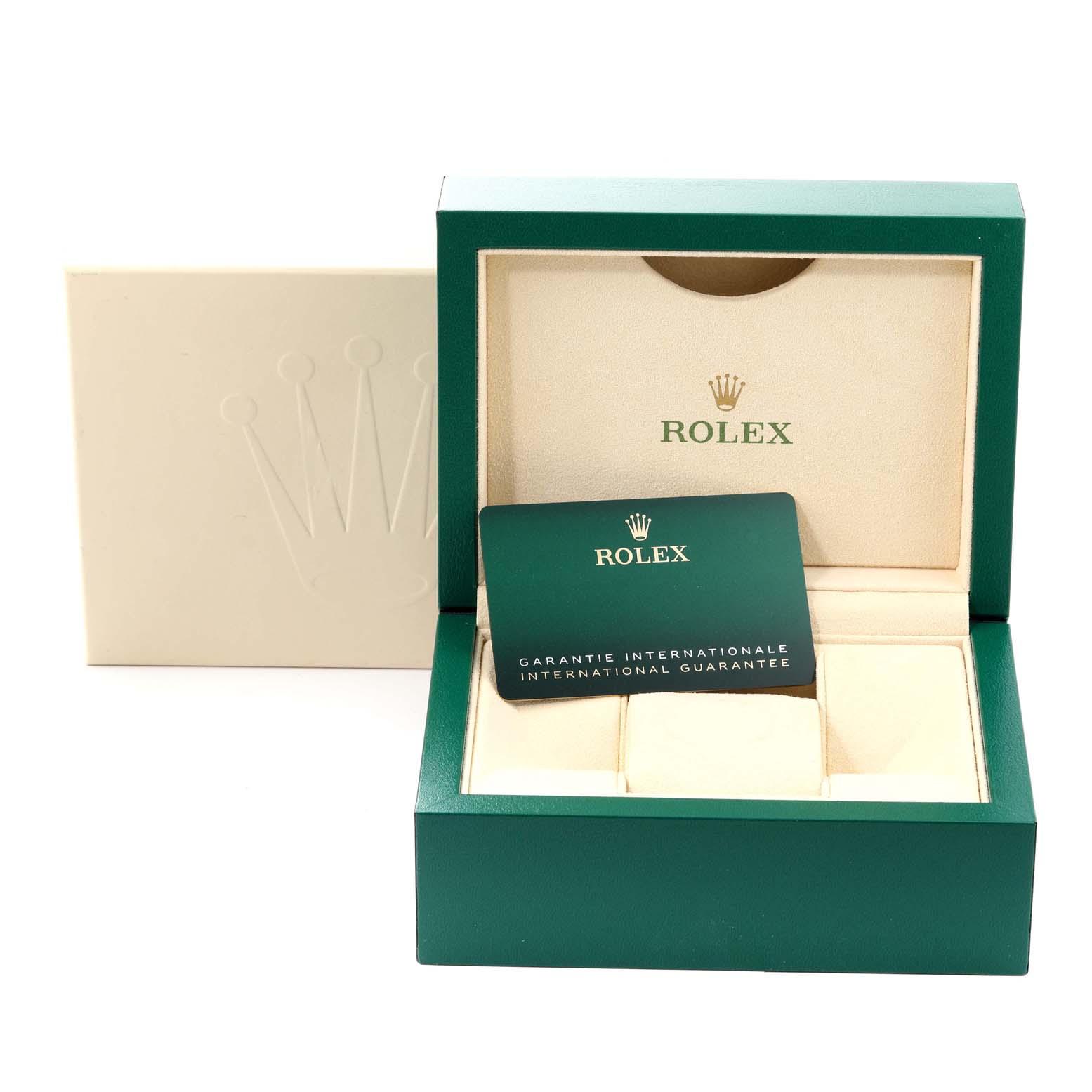 The image shows the Rolex Datejust 41 126300 Men
s Stainless Steel Grey Dial 126300 Men
s Stainless Steel Grey Dial watch box and guarantee card.