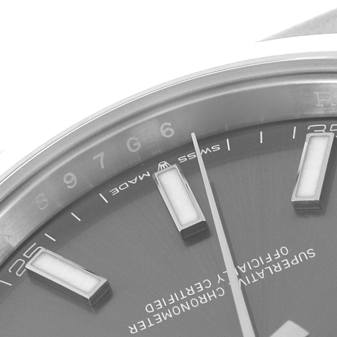 The image shows a close-up of the dial and indices of a Rolex Datejust 41 126300 Men
s Stainless Steel Grey Dial 126300 Men
s Stainless Steel Grey Dial watch.