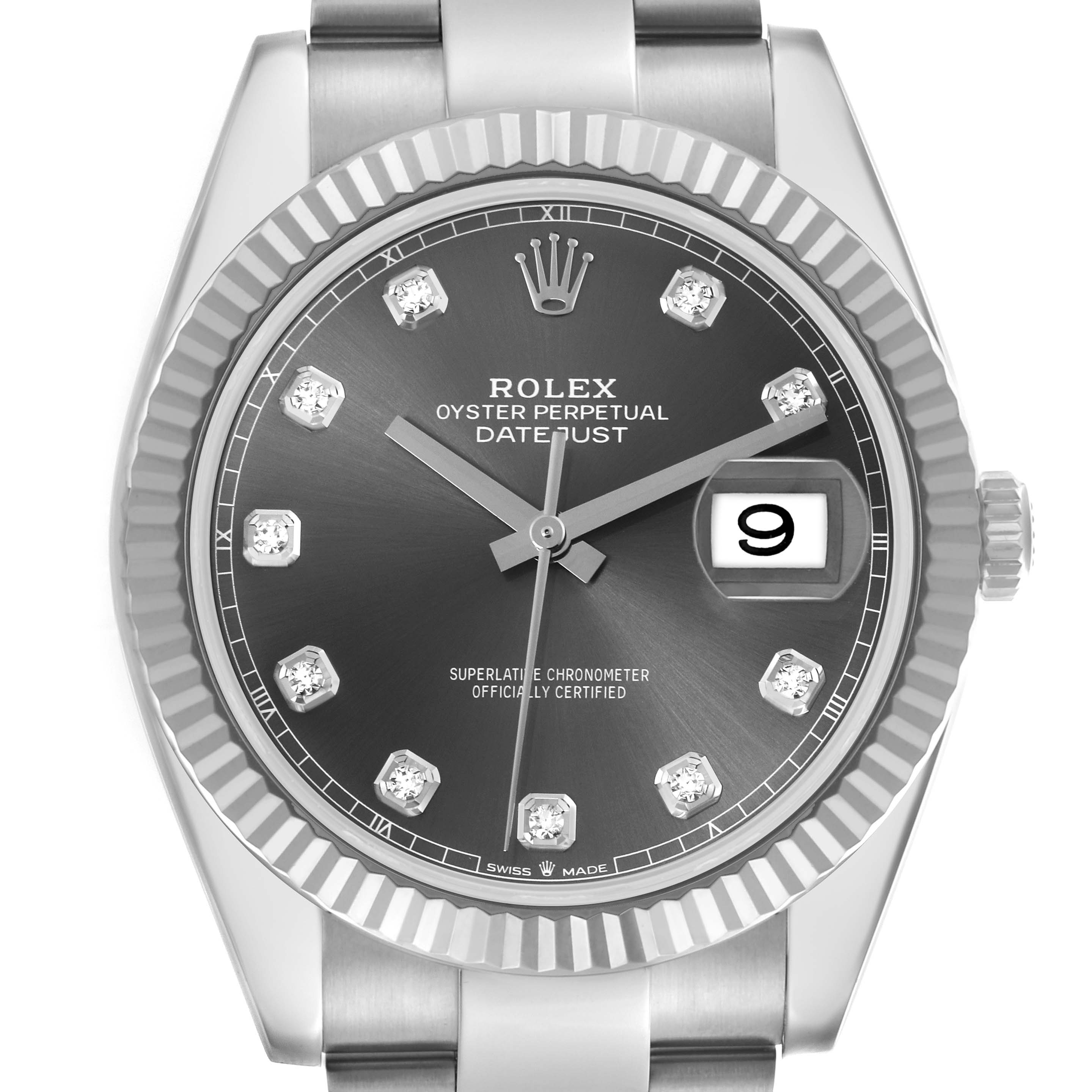 The image shows a frontal view of a Rolex Datejust 41 126334 Men
s Stainless Steel Grey Dial 126334 Men
s Stainless Steel Grey Dial, highlighting the dial, bezel, and bracelet.