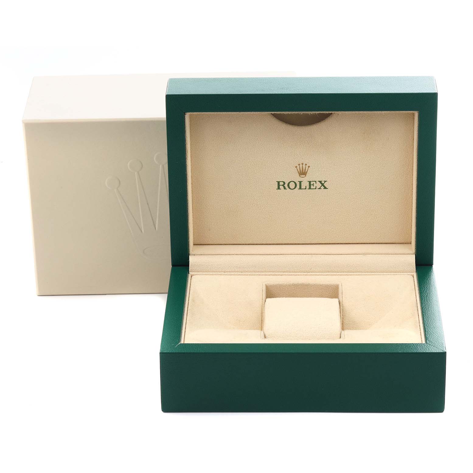 The image shows an open Rolex Datejust 41 126334 Men
s Stainless Steel Grey Dial 126334 Men
s Stainless Steel Grey Dial model watch box, featuring the brand
s logo and cream-colored interior.