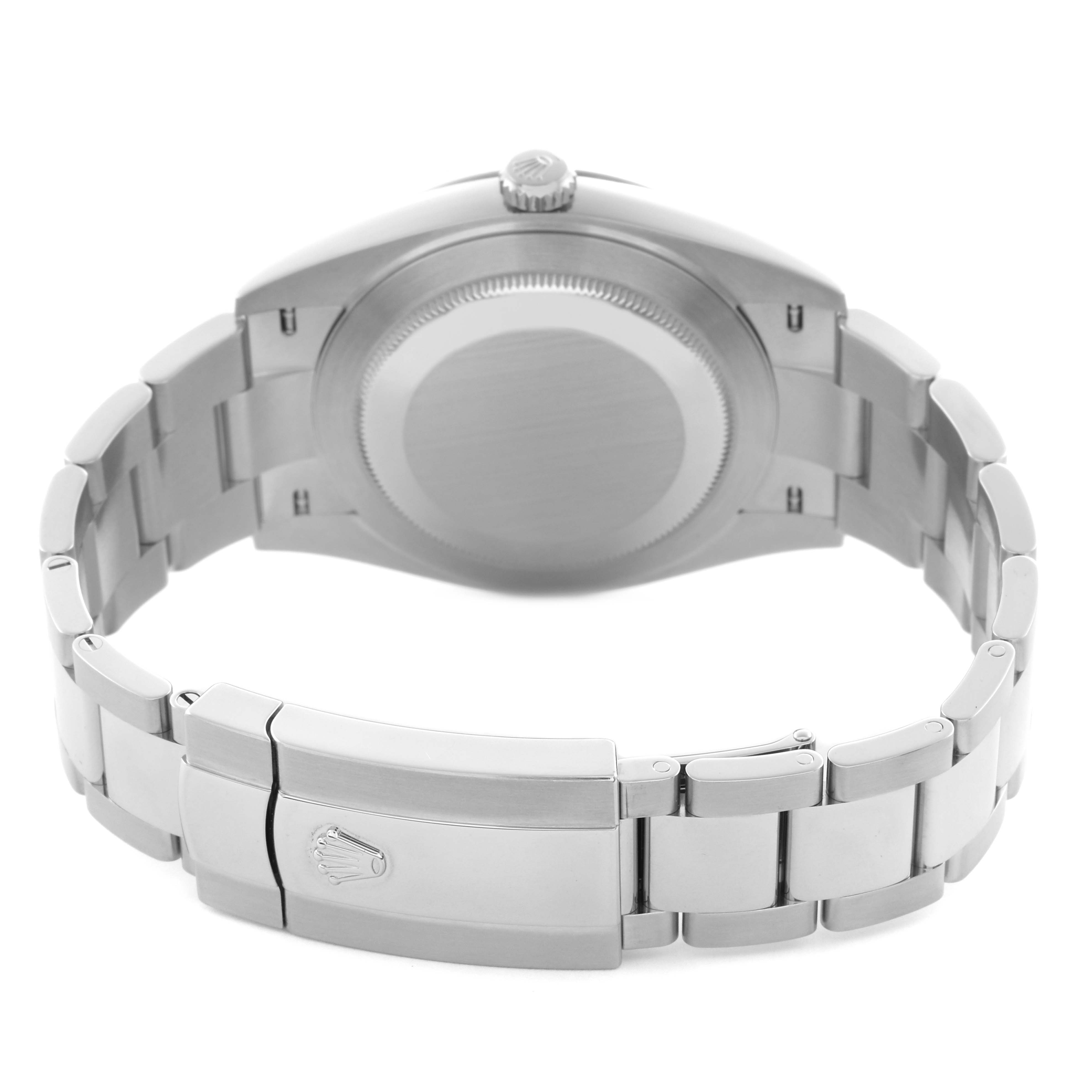 The image shows the back case and bracelet clasp of a Rolex Datejust 41 126334 Men
s Stainless Steel Grey Dial 126334 Men
s Stainless Steel Grey Dial watch, viewed from the rear.