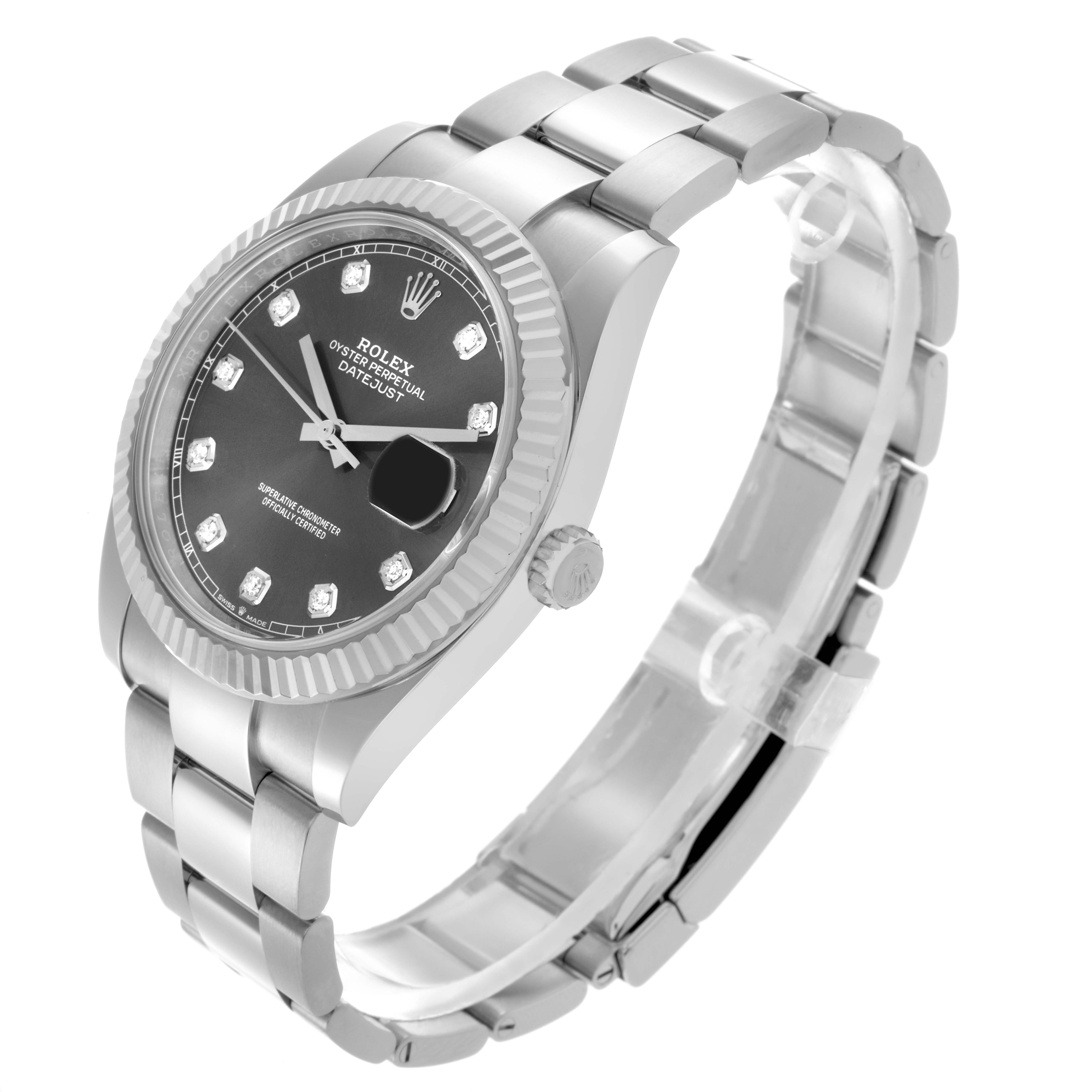 The Rolex Datejust 41 126334 Men
s Stainless Steel Grey Dial 126334 Men
s Stainless Steel Grey Dial watch is shown at a three-quarter angle, highlighting the dial, fluted bezel, and bracelet.
