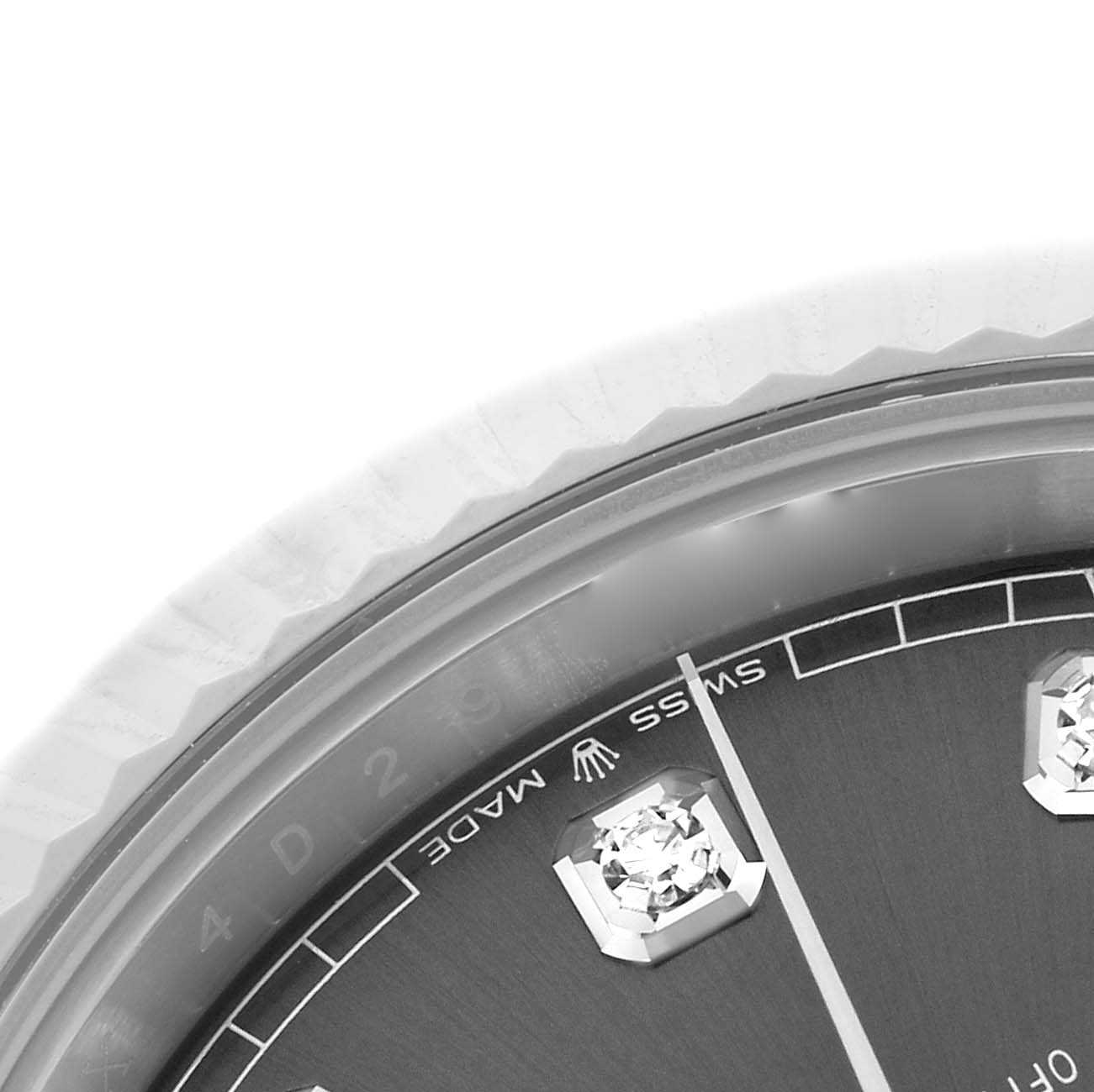 The image shows a close-up of the Rolex Datejust 41 126334 Men
s Stainless Steel Grey Dial 126334 Men
s Stainless Steel Grey Dial, highlighting the dial, bezel, index, and partial text "SWISS MADE."