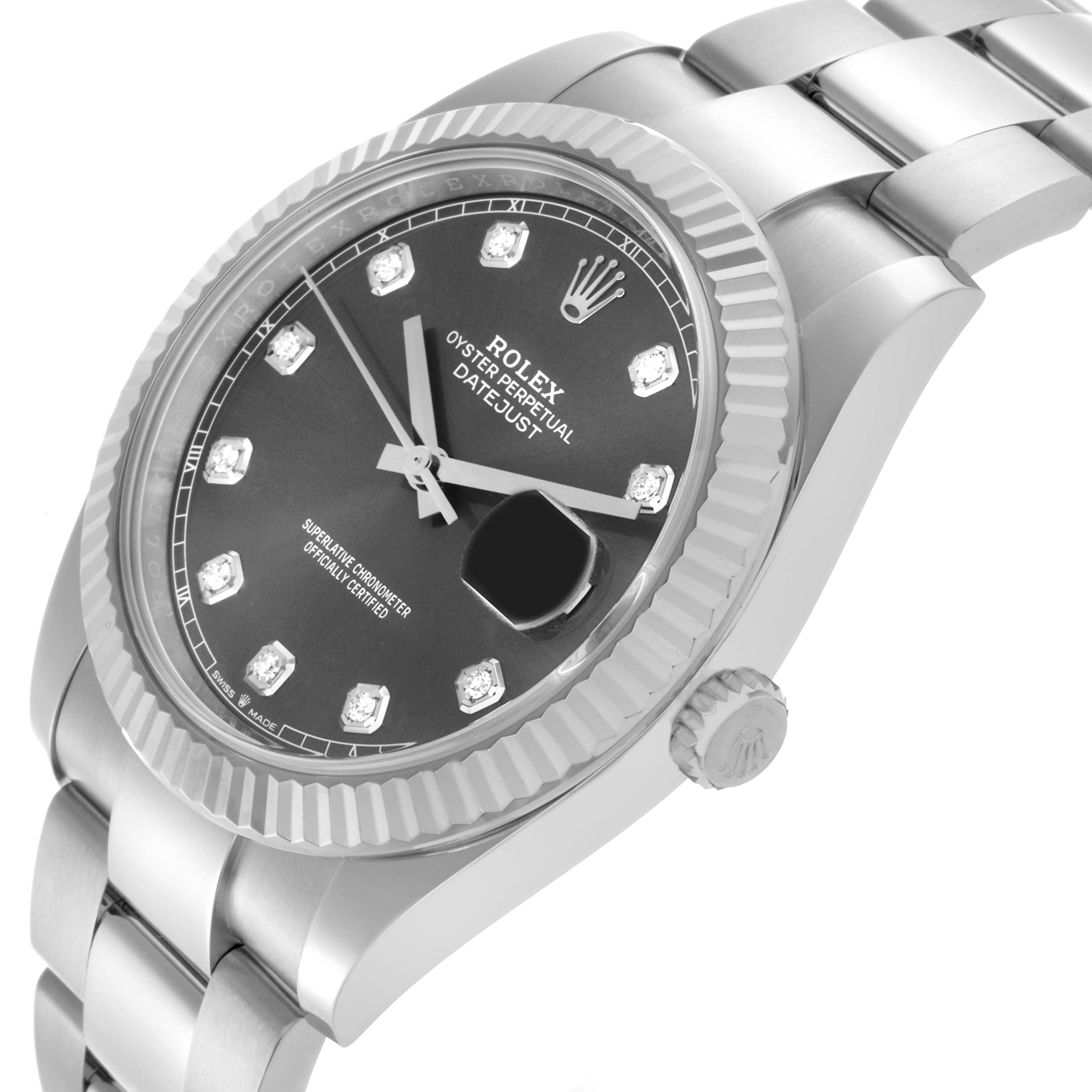 The Rolex Datejust 41 126334 Men
s Stainless Steel Grey Dial 126334 Men
s Stainless Steel Grey Dial is shown from an angled view, highlighting the dial, bezel, bracelet, and crown.