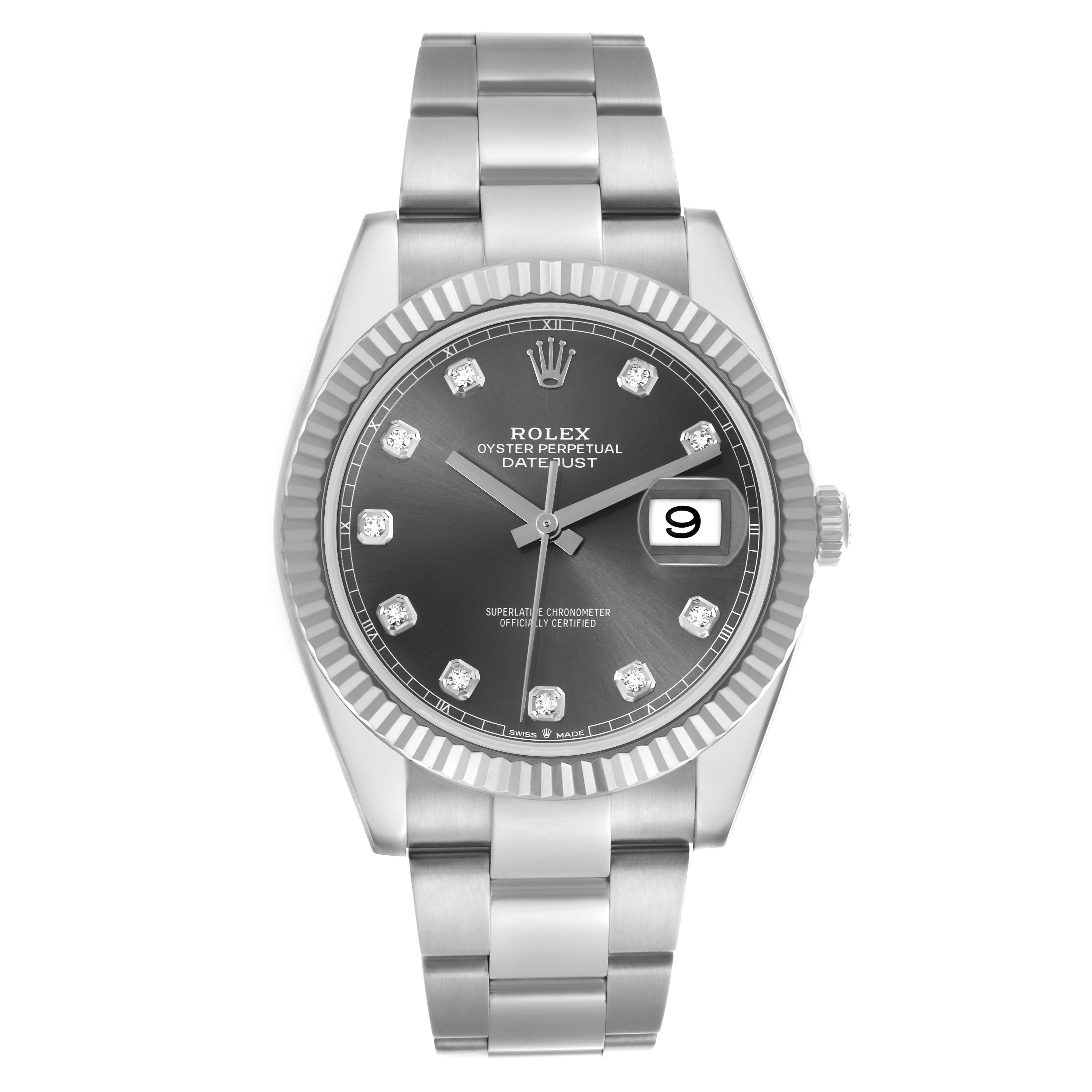 The Rolex Datejust 41 126334 Men
s Stainless Steel Grey Dial 126334 Men
s Stainless Steel Grey Dial is shown from the front, highlighting its dial, bezel, bracelet, and date feature.