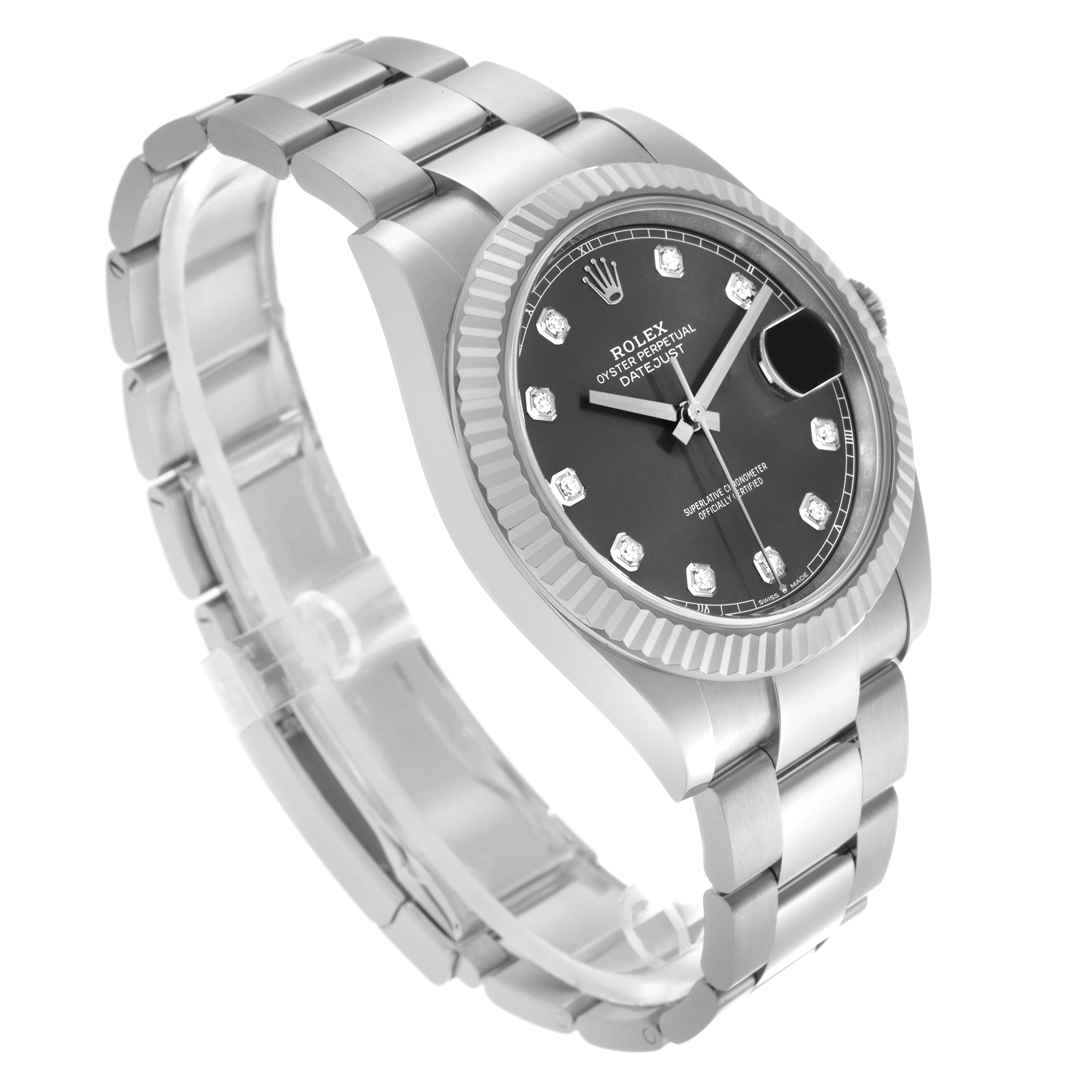 The image shows a Rolex Datejust 41 126334 Men
s Stainless Steel Grey Dial 126334 Men
s Stainless Steel Grey Dial at a three-quarter angle, highlighting the dial, bezel, and bracelet.