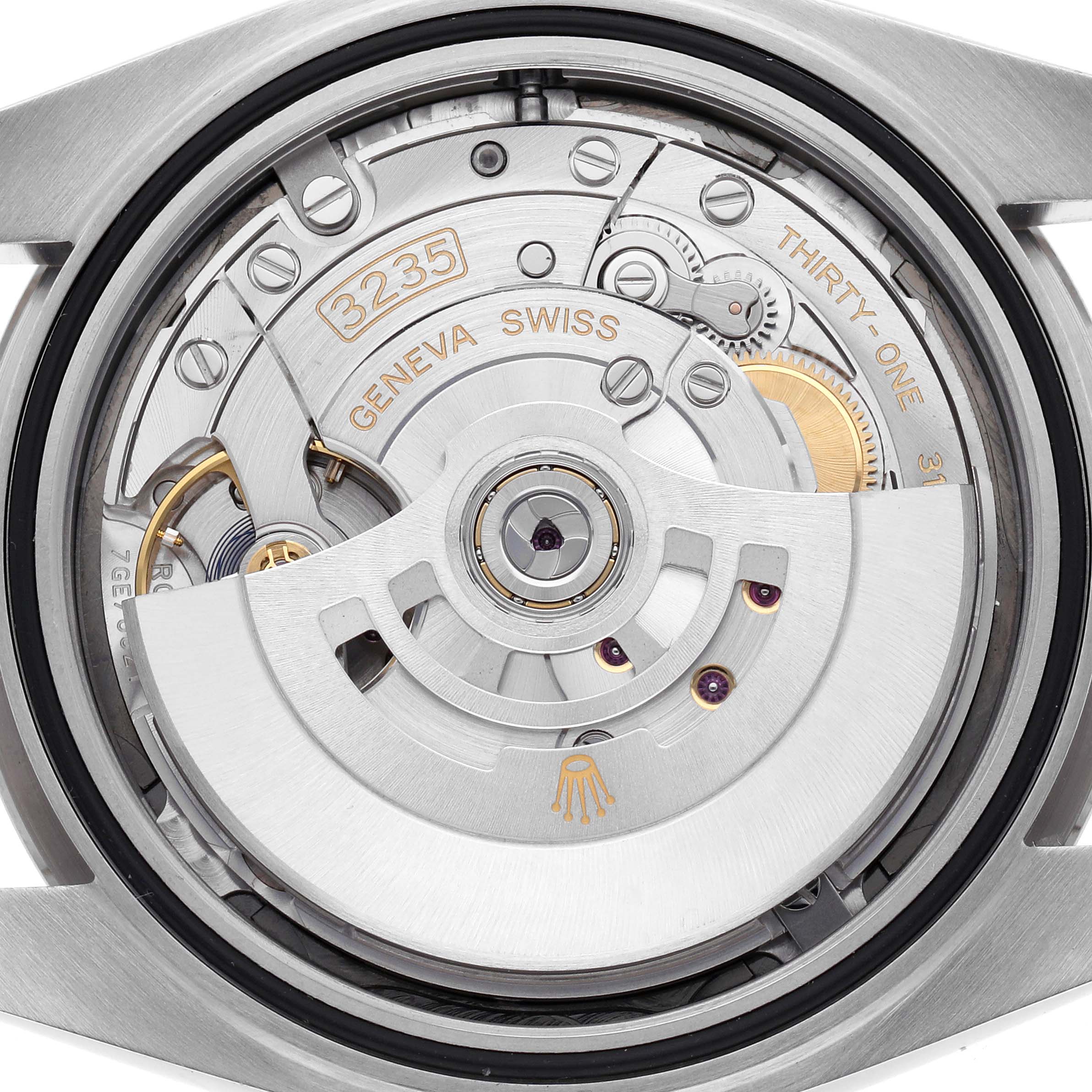 The image shows the movement of a Rolex Datejust 41 126334 Men
s Stainless Steel Grey Dial 126334 Men
s Stainless Steel Grey Dial, highlighting the intricate gears and rotor from the back view.