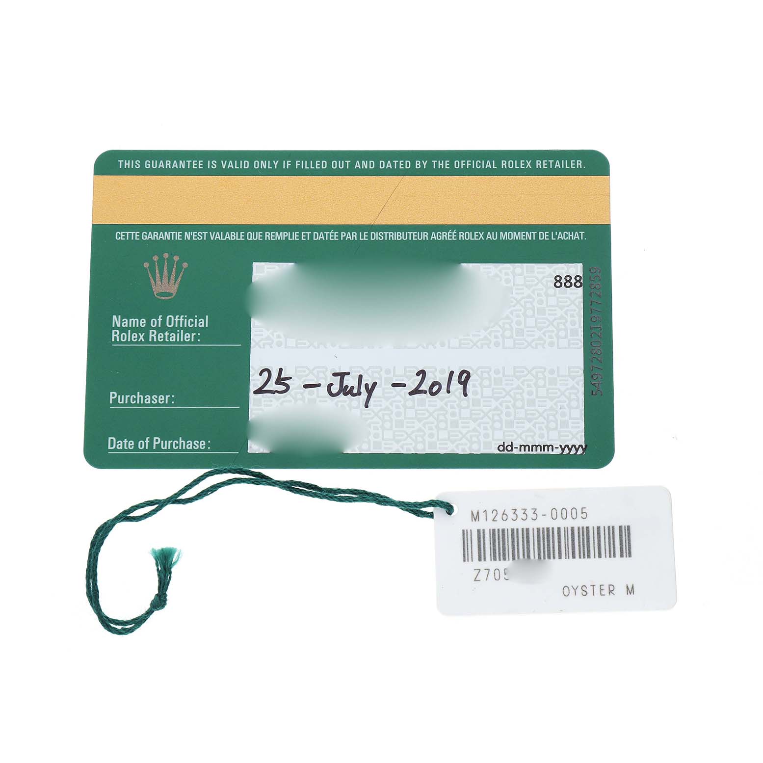 The image shows the warranty card and tag for a Rolex Datejust 41 126333 Men's Steel and Gold (two tone) Black Dial, displaying purchase details and model information.