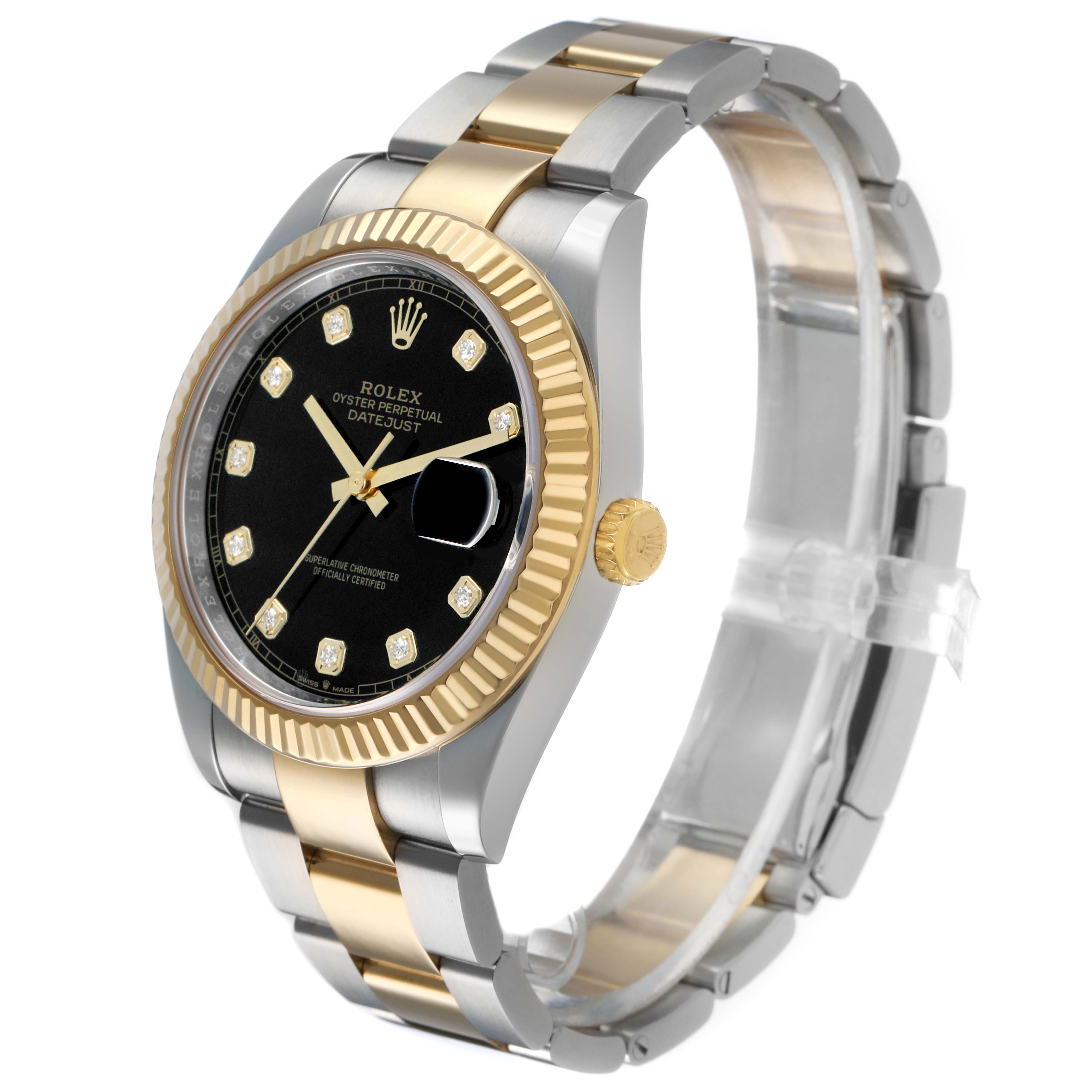 The Rolex Datejust 41 126333 Men's Steel and Gold (two tone) Black Dial is shown at an angled side view displaying its two-tone bracelet and black dial with diamond markers.