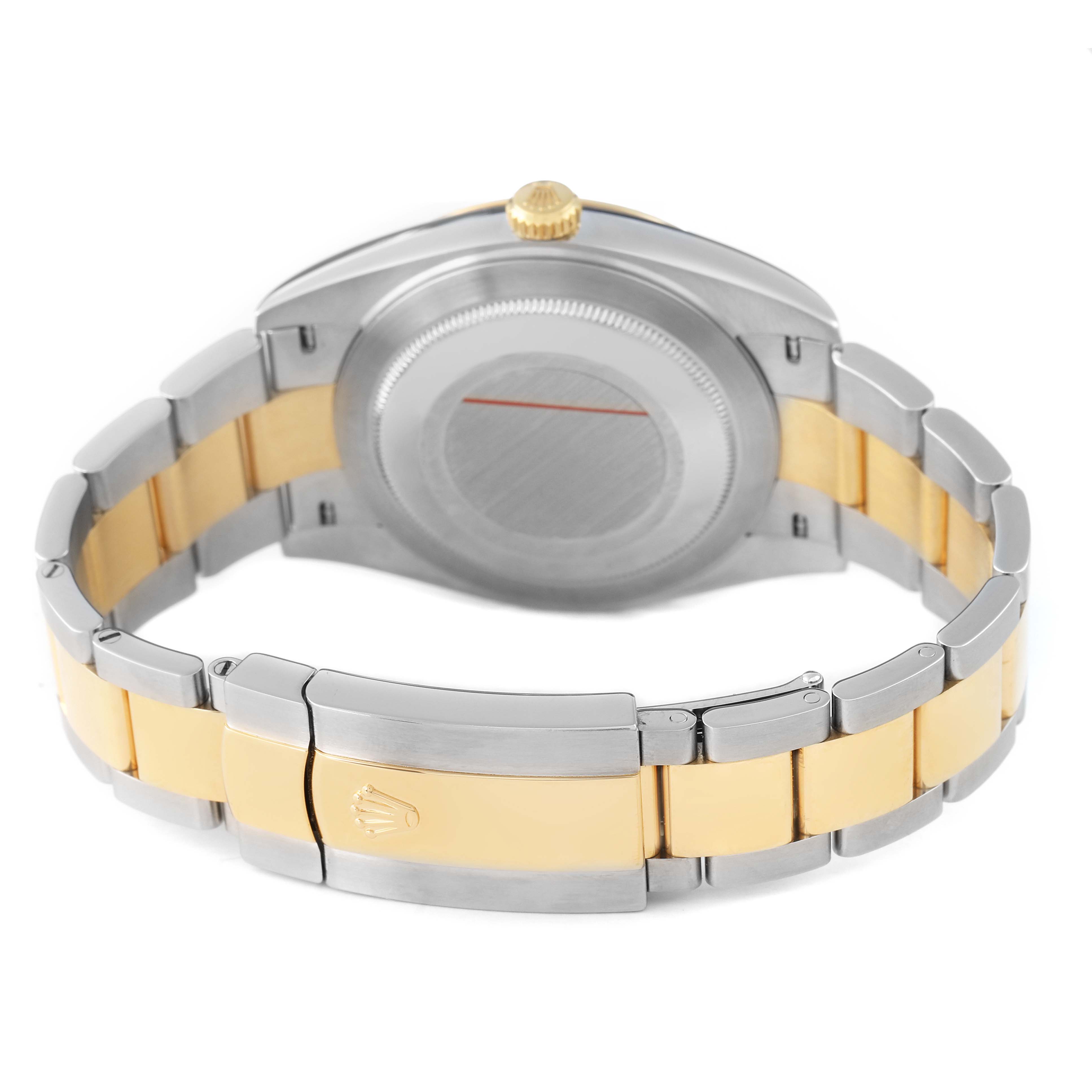 The image shows the back case and clasp of a Rolex Datejust 41 126333 Men's Steel and Gold (two tone) Black Dial, highlighting the two-tone bracelet.