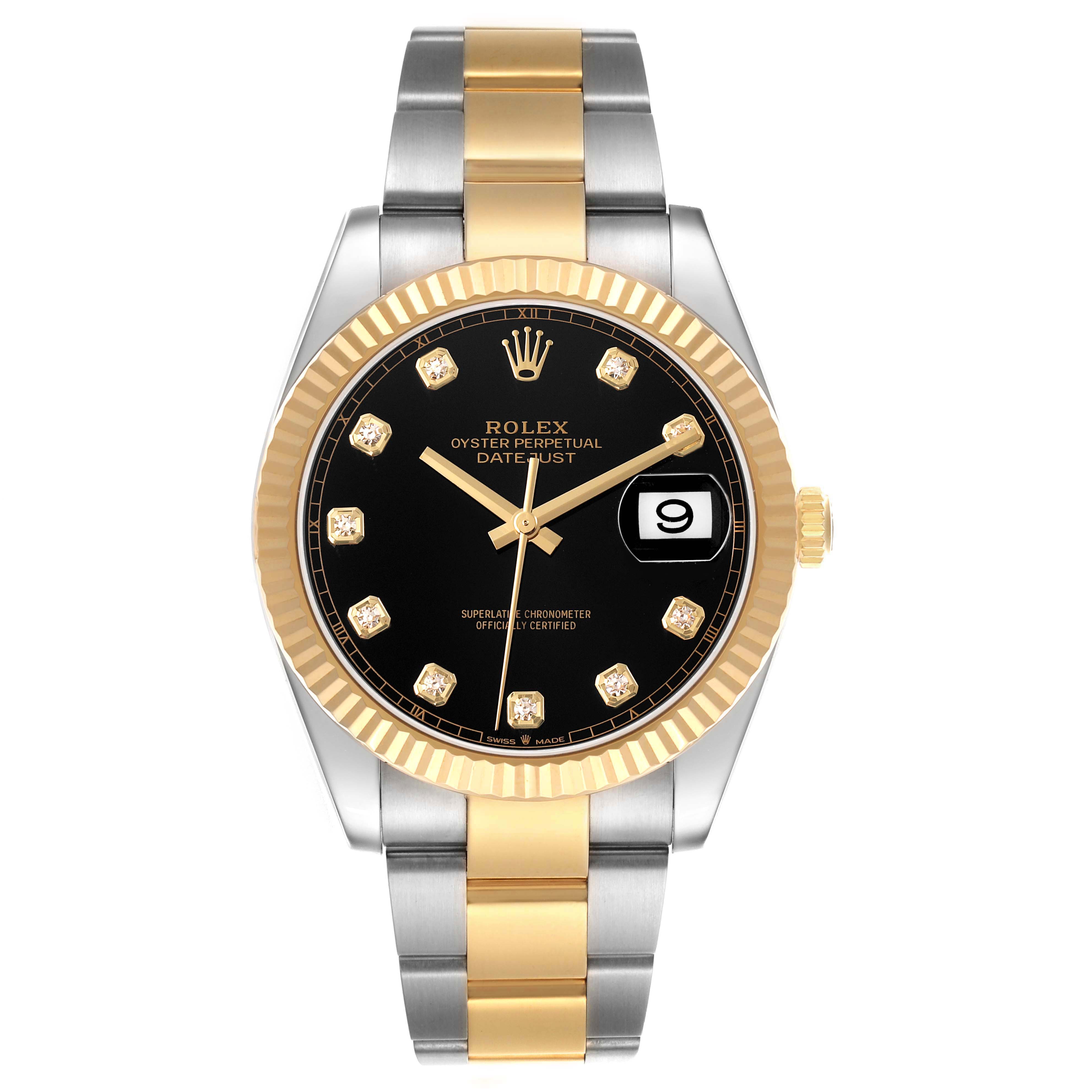 The Rolex Datejust 41 126333 Men's Steel and Gold (two tone) Black Dial is shown from the front, highlighting its black dial, gold fluted bezel, and two-tone bracelet.