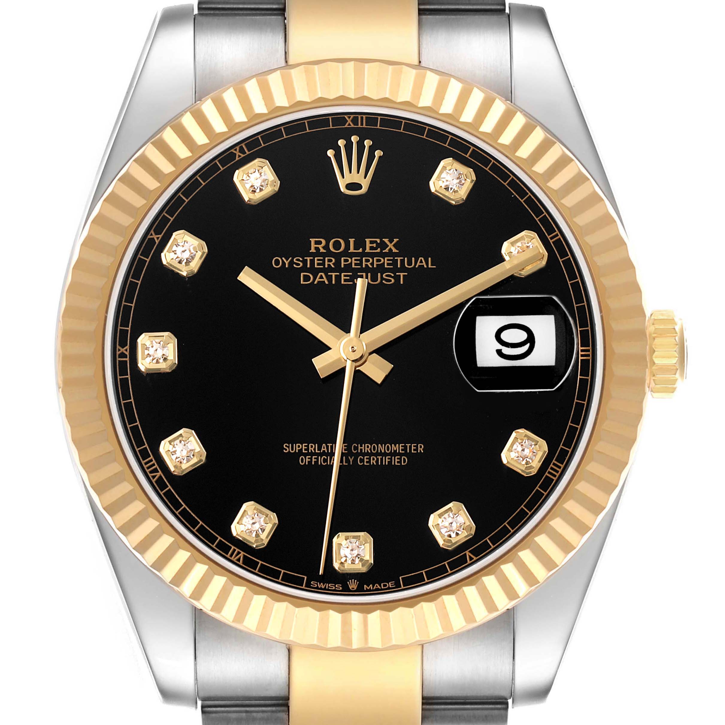 The Rolex Datejust 41 126333 Men's Steel and Gold (two tone) Black Dial is shown from a front angle, highlighting the gold fluted bezel, black dial, diamond hour markers, and date window.