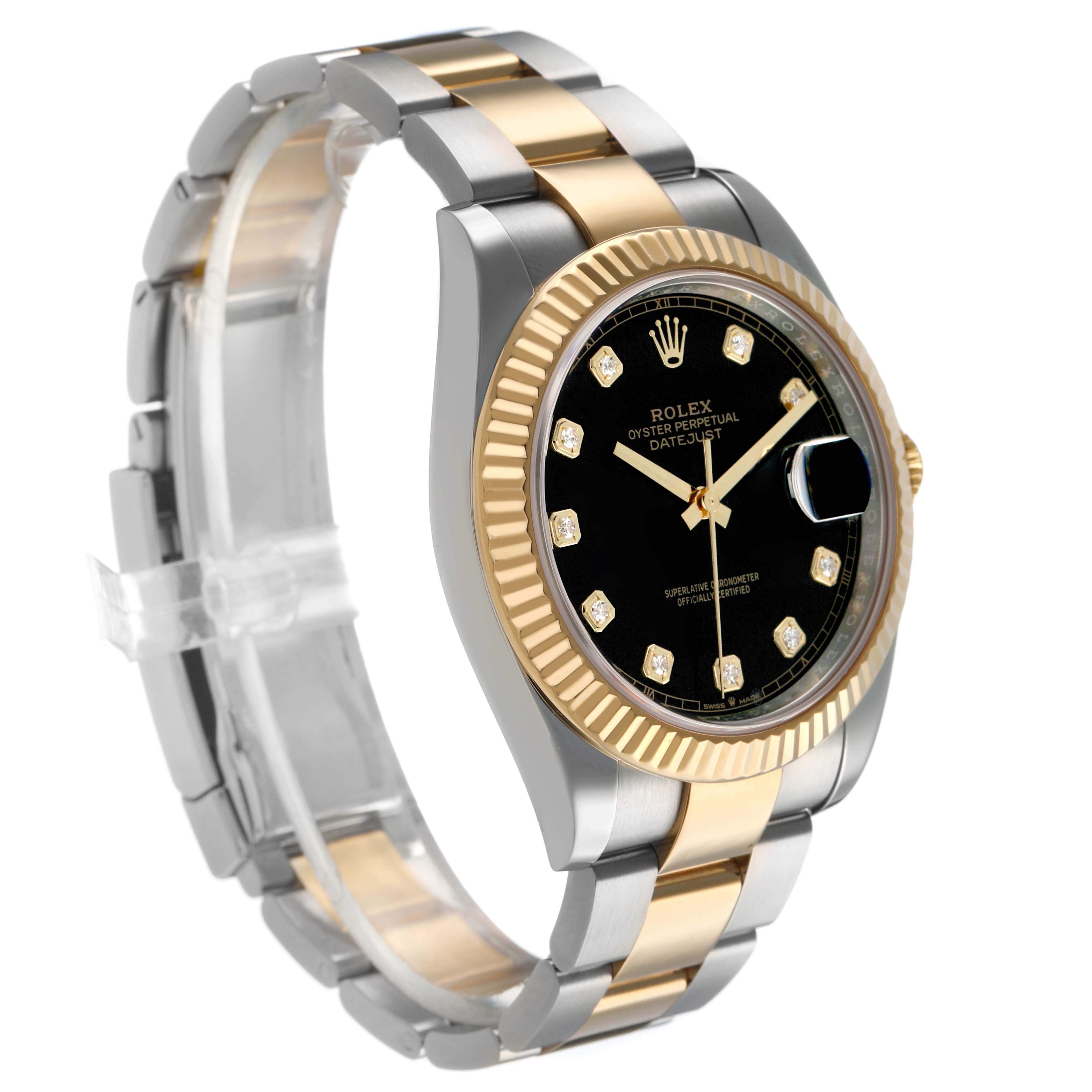 The Rolex Datejust 41 126333 Men's Steel and Gold (two tone) Black Dial is shown from an angled side view, highlighting the dial, fluted bezel, and two-tone bracelet.