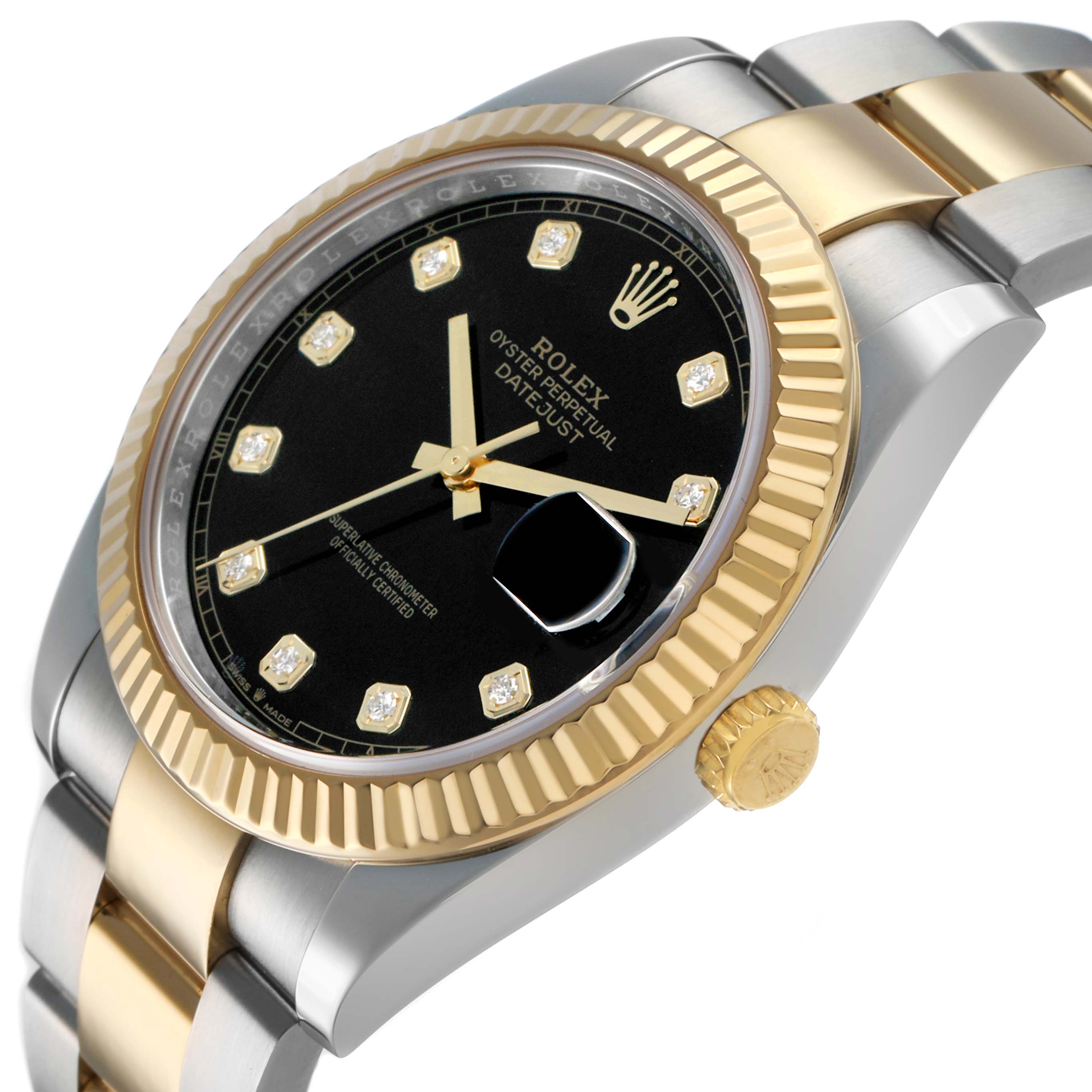 The Rolex Datejust 41 126333 Men's Steel and Gold (two tone) Black Dial is shown at a three-quarter angle, highlighting the bezel, dial, and bracelet.