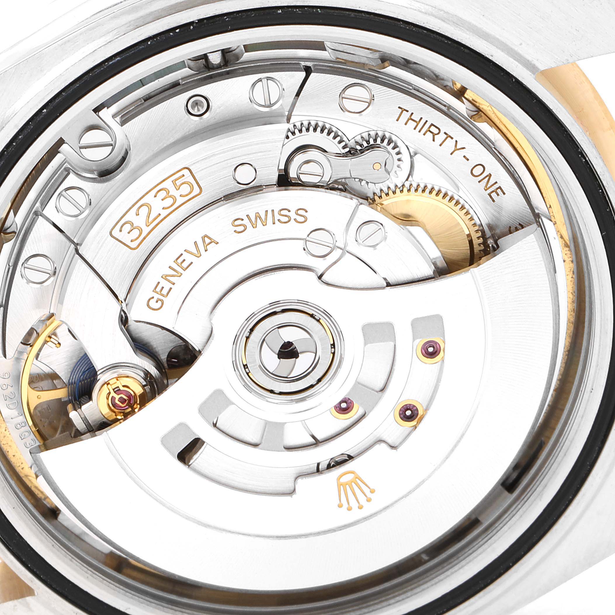 This image shows the movement mechanism of the Rolex Datejust 41 126333 Men's Steel and Gold (two tone) White Dial 126333 Men's Steel and Gold (two tone) White Dial model, focusing on its intricate inner workings.