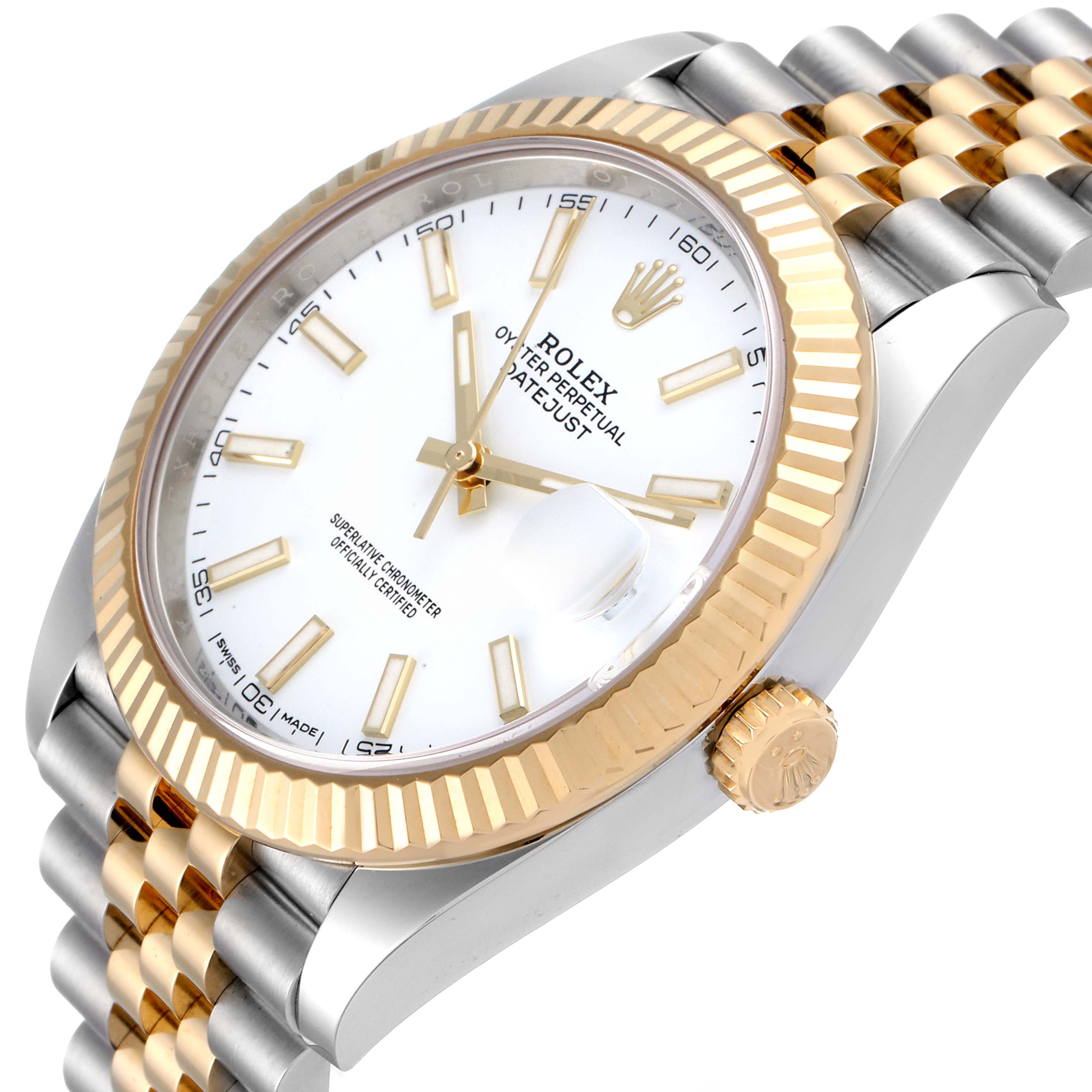The image shows a Rolex Datejust 41 126333 Men's Steel and Gold (two tone) White Dial 126333 Men's Steel and Gold (two tone) White Dial watch at a slight angle, highlighting its two-tone bracelet, white dial, and fluted bezel.