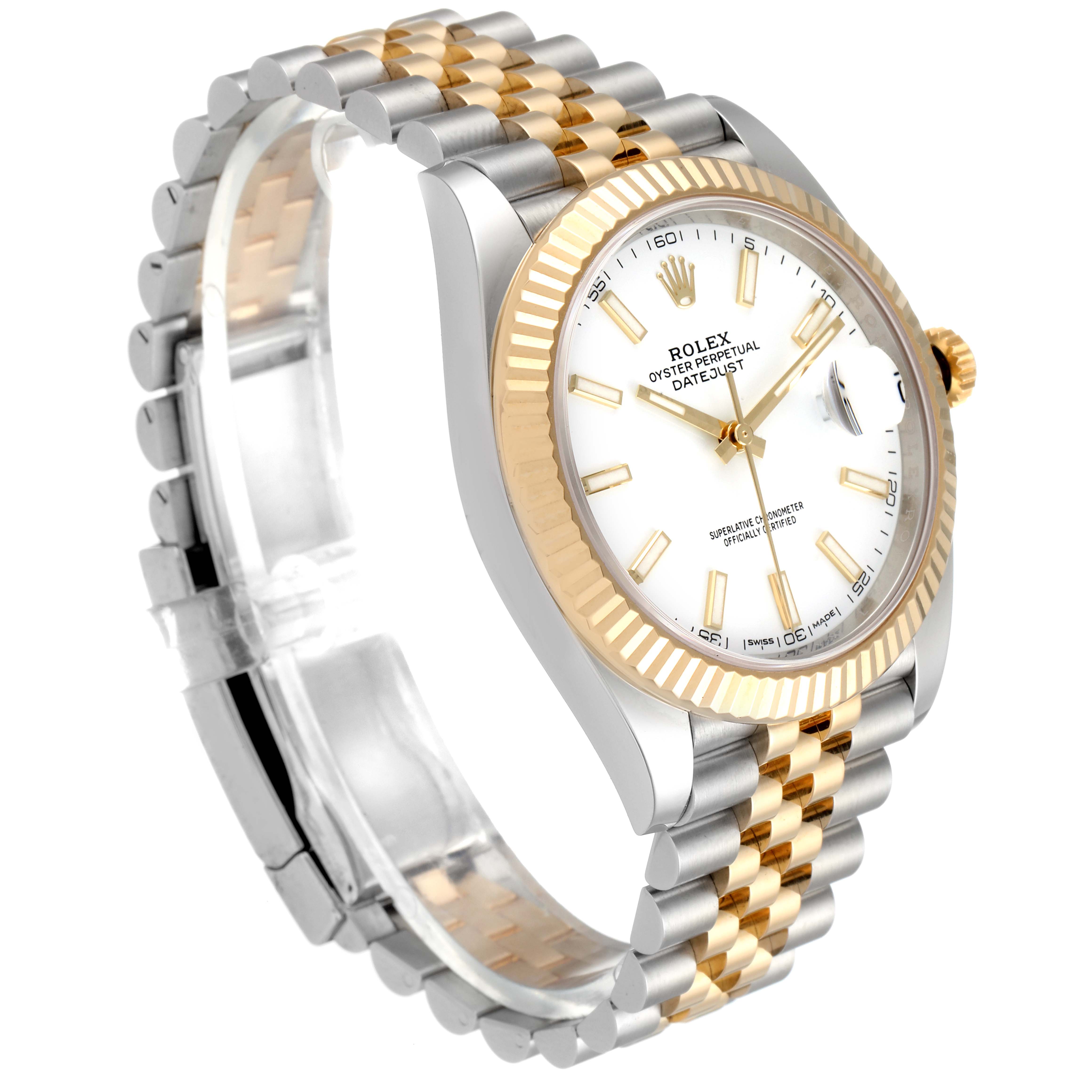 The Rolex Datejust 41 126333 Men's Steel and Gold (two tone) White Dial 126333 Men's Steel and Gold (two tone) White Dial is shown at a three-quarter angle, displaying the face, bezel, and part of the two-tone bracelet.