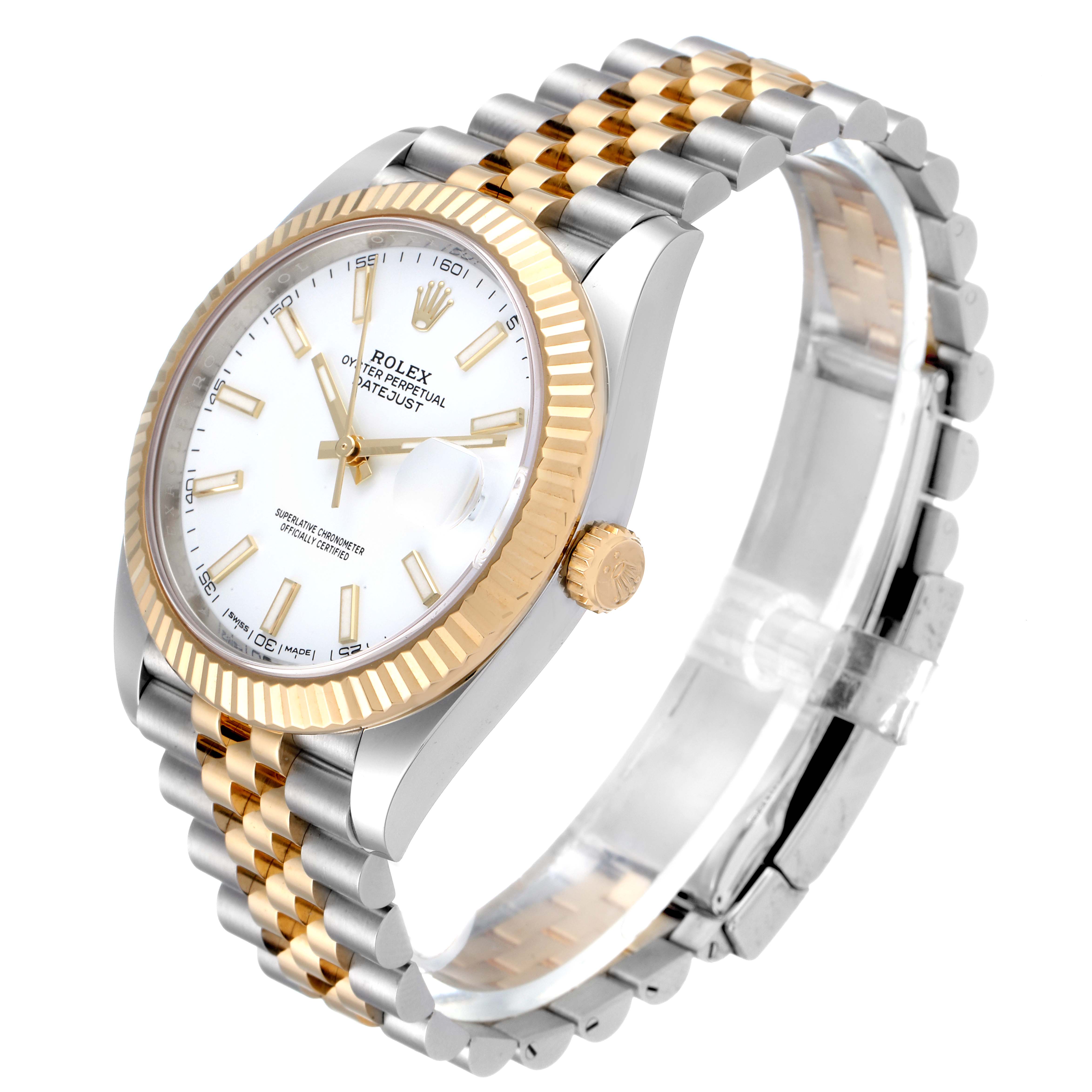 This photo of a Rolex Datejust 41 126333 Men's Steel and Gold (two tone) White Dial 126333 Men's Steel and Gold (two tone) White Dial model shows the watch angled from the front-right and includes the bezel, dial, and bracelet.