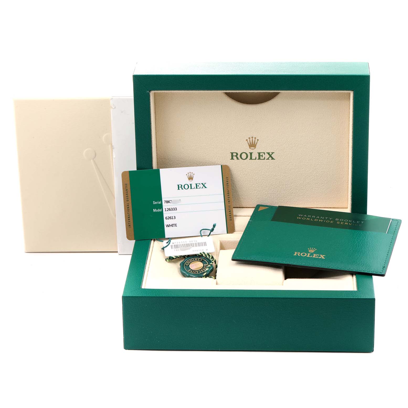 The image shows the packaging, warranty card, and accessories for the Rolex Datejust 41 126333 Men's Steel and Gold (two tone) White Dial 126333 Men's Steel and Gold (two tone) White Dial in a green box.