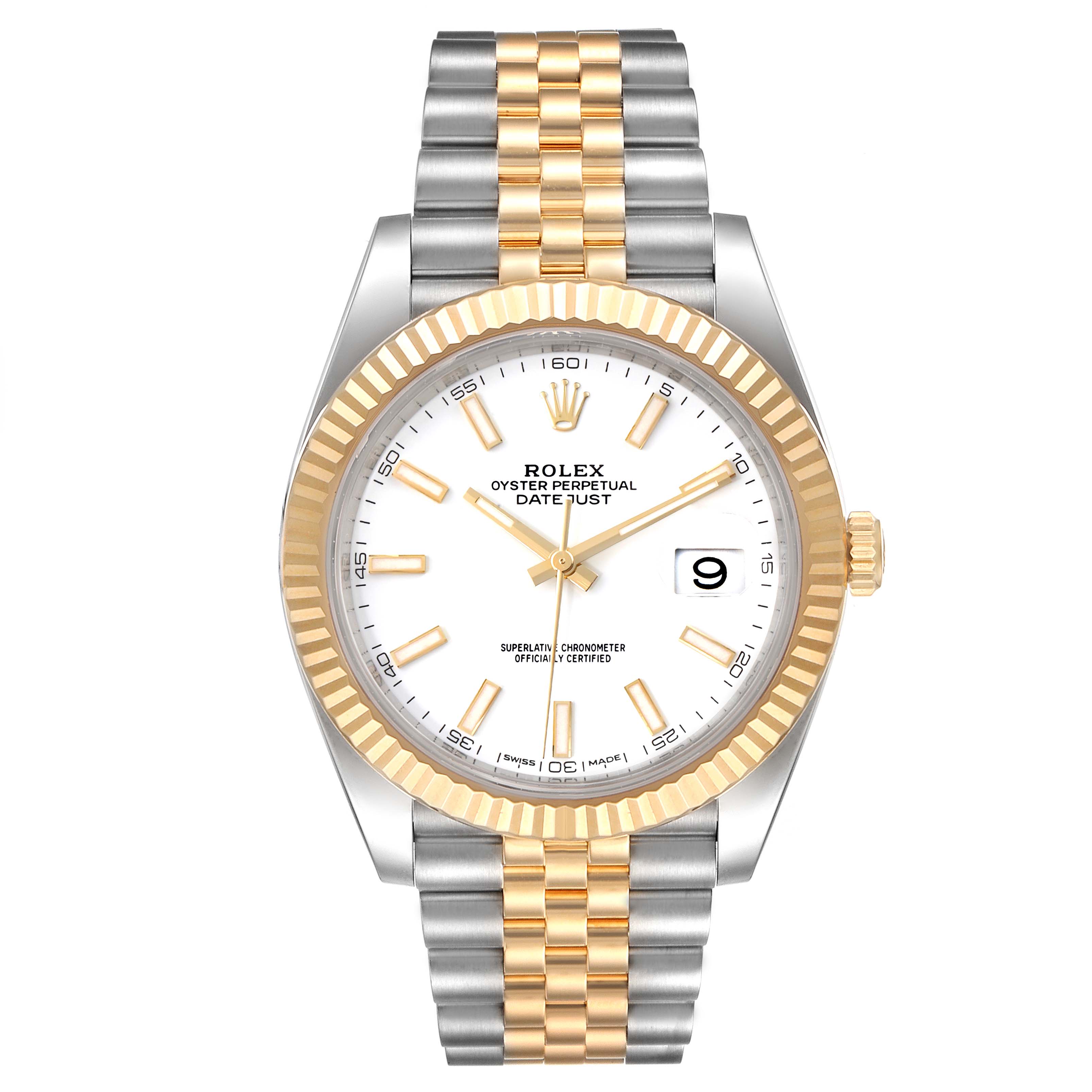 This image shows the front view of a Rolex Datejust 41 126333 Men's Steel and Gold (two tone) White Dial 126333 Men's Steel and Gold (two tone) White Dial watch, displaying the face, bezel, and bracelet.